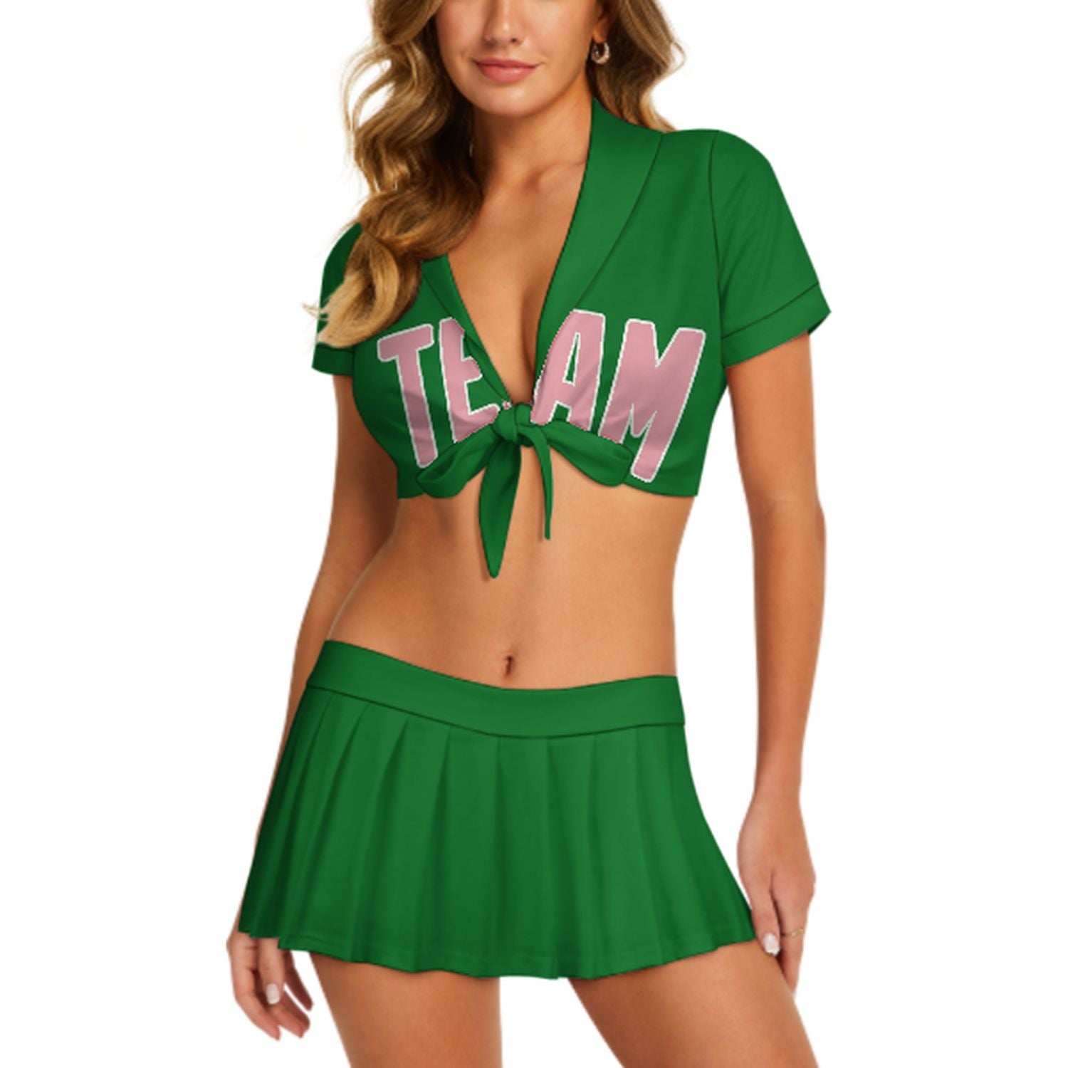 Maßgeschneidertes Smaragdgrün Rosa Cheerleader Outfit Set