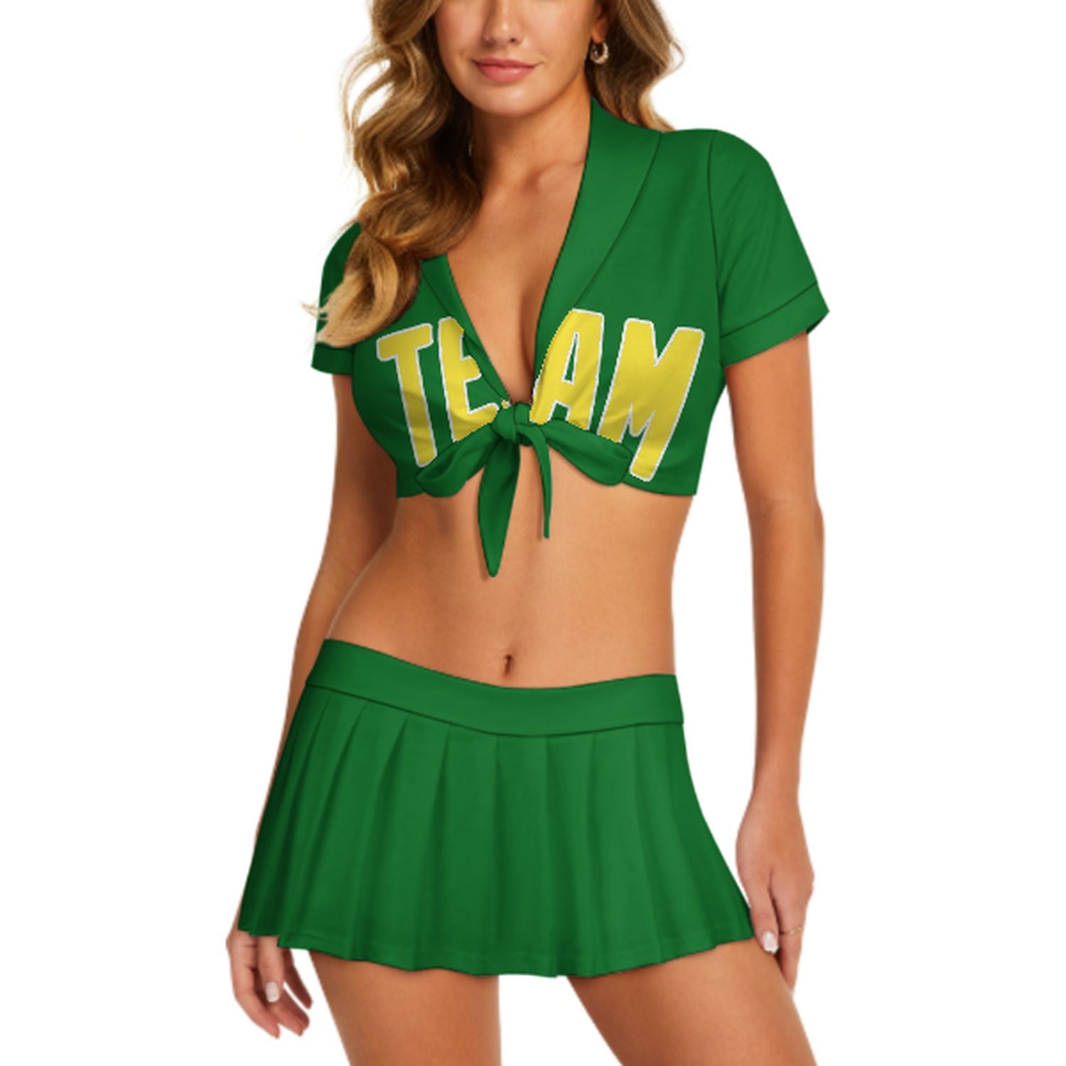 Maßgeschneidertes Smaragdgrün Blassgelb Cheerleader Outfit Set