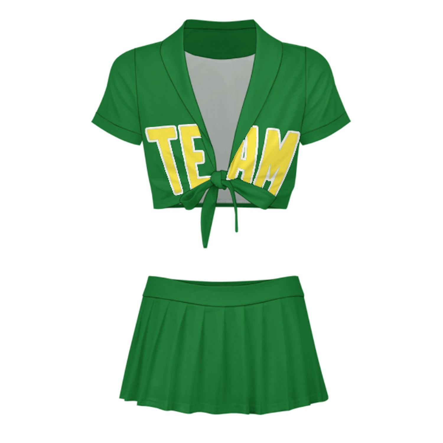Maßgeschneidertes Smaragdgrün Blassgelb Cheerleader Outfit Set