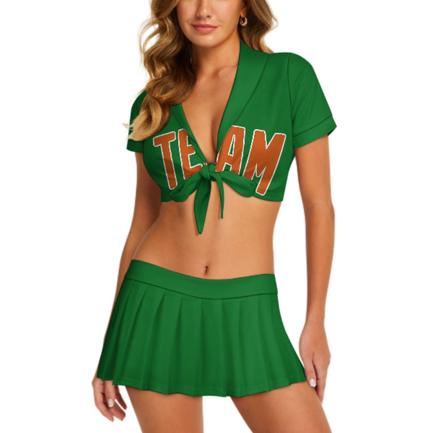 Maßgeschneidertes Smaragdgrün Orange Cheerleader Outfit Set