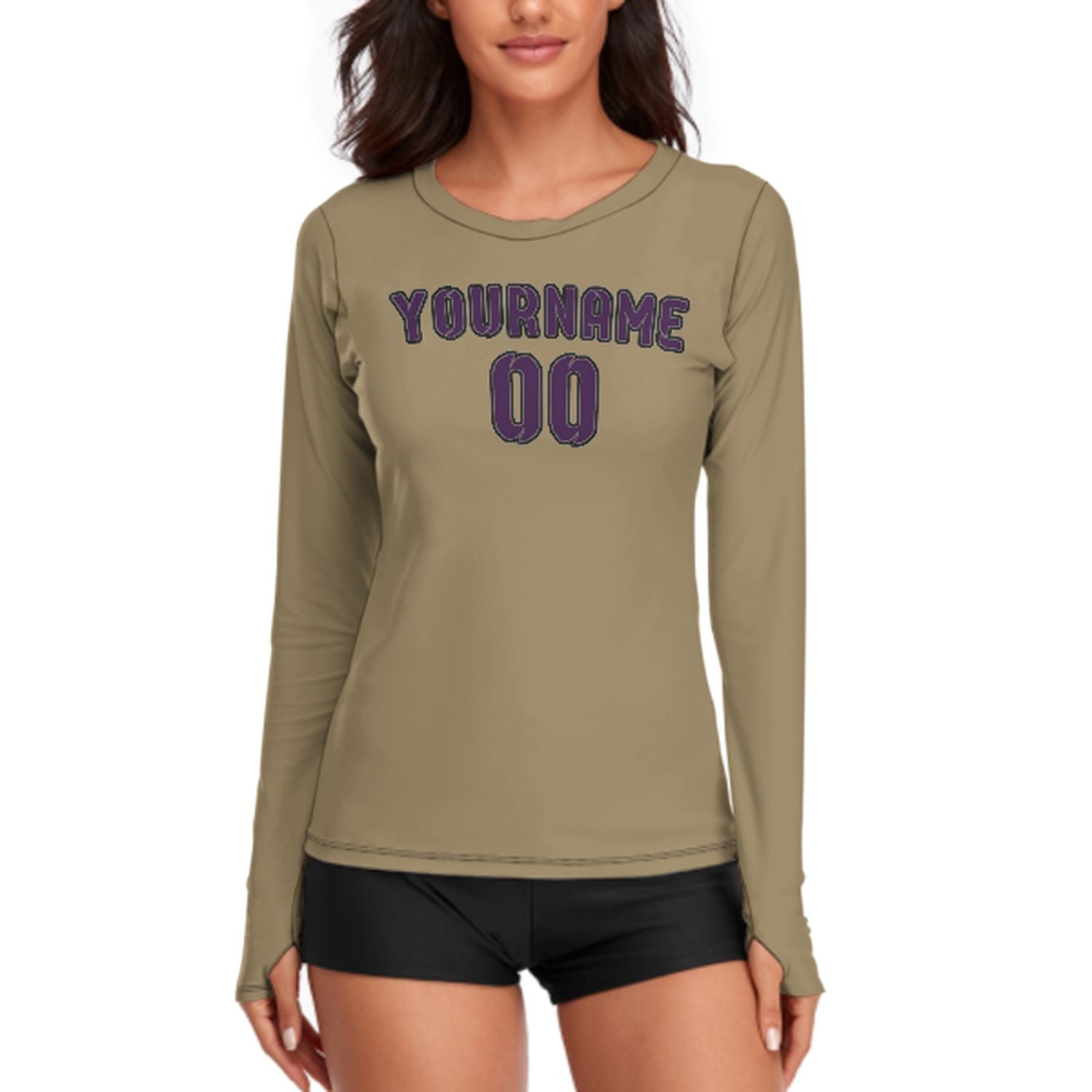 Camicia a maniche lunghe da donna su misura color kaki chiaro e viola