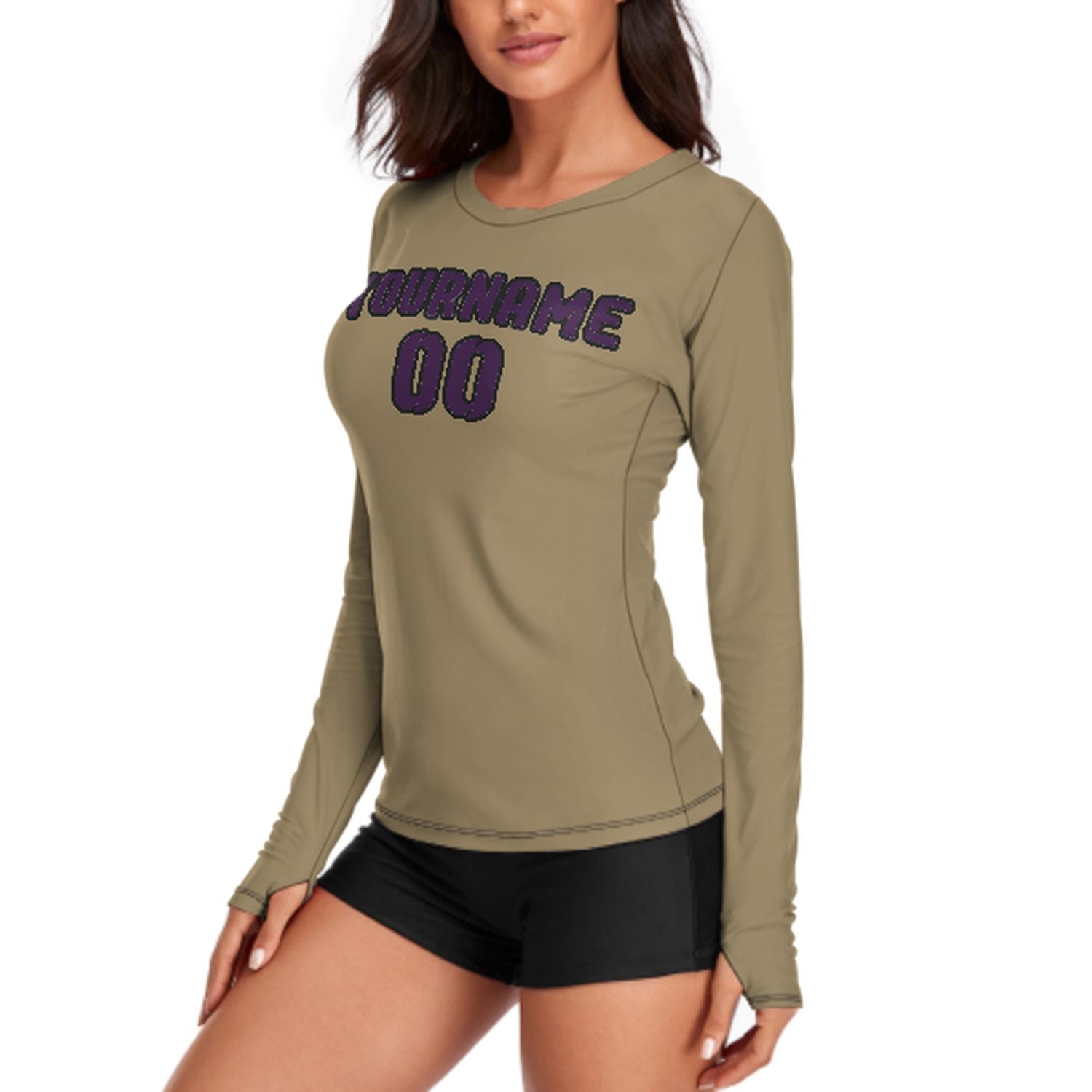 Camicia a maniche lunghe da donna su misura color kaki chiaro e viola