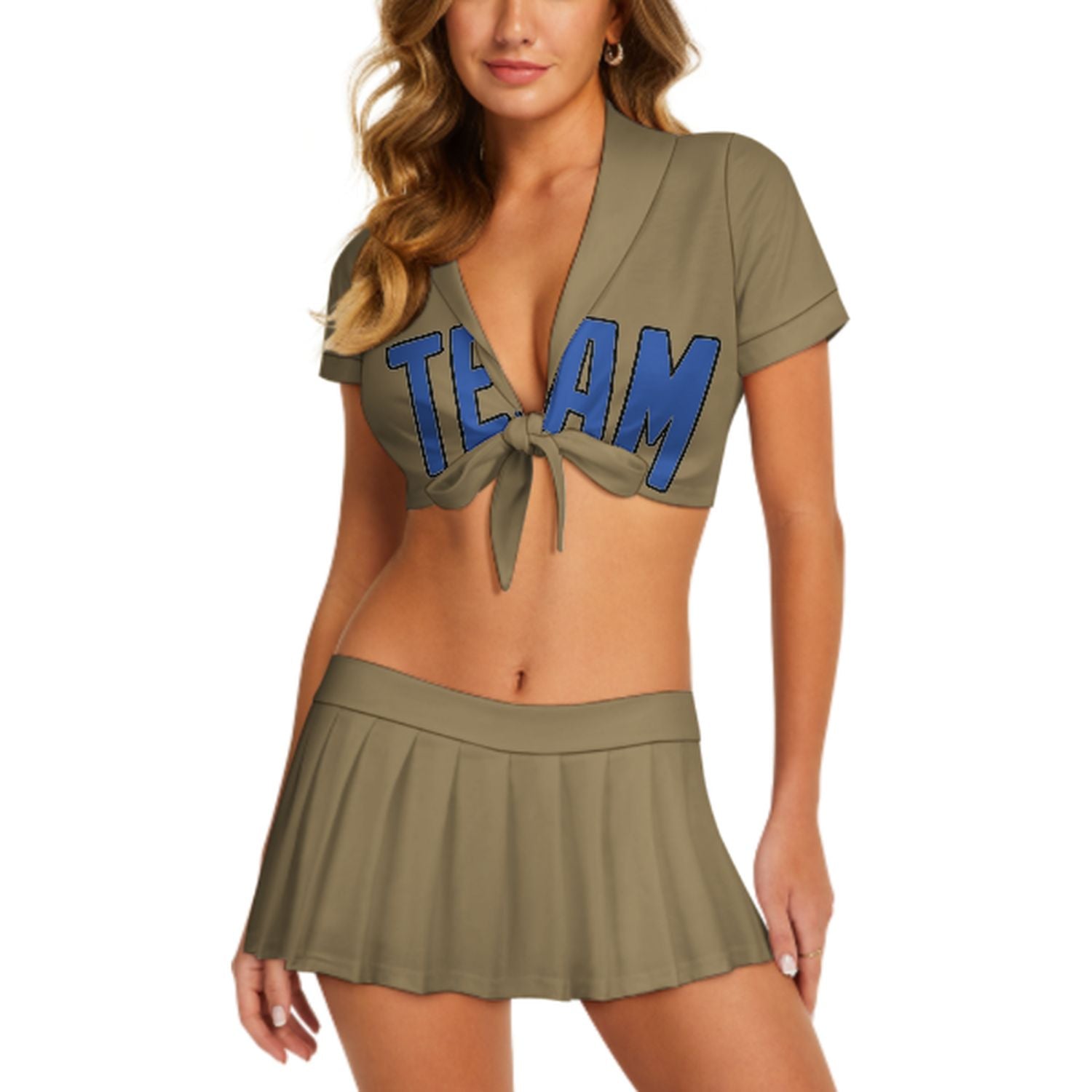 Maßgeschneidertes Hellkhaki Himmelblau Cheerleader Outfit Set