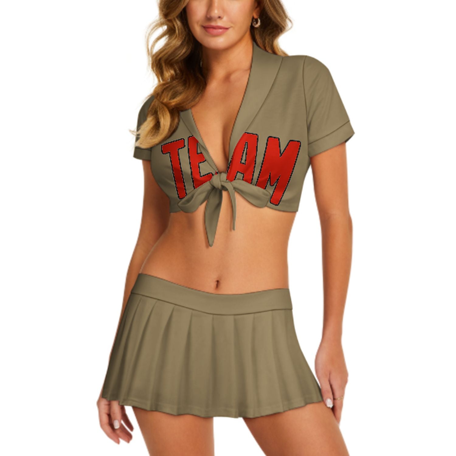 Maßgeschneidertes Hellkhaki Orangerot Cheerleader Outfit Set