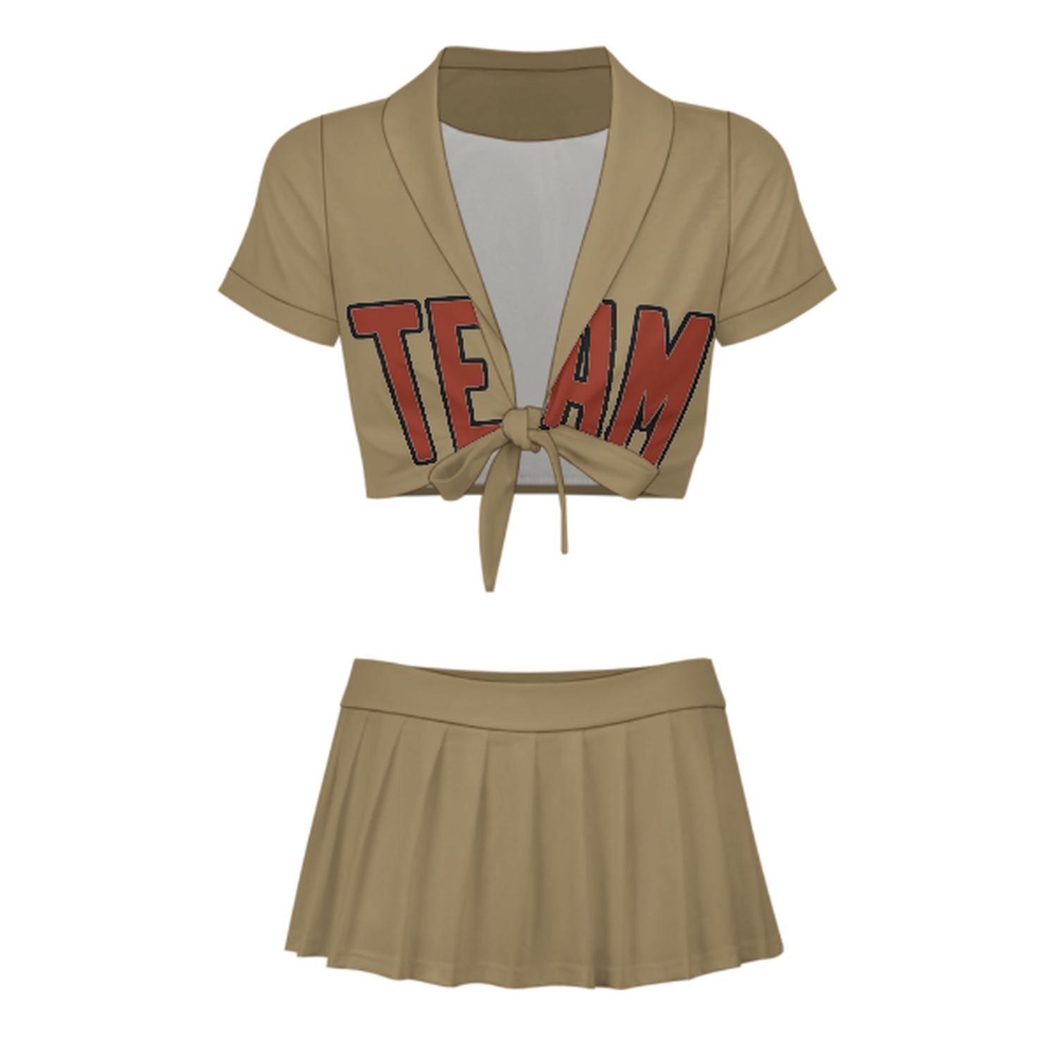 Maßgeschneidertes Hellkhaki Korallenrot Cheerleader Outfit Set