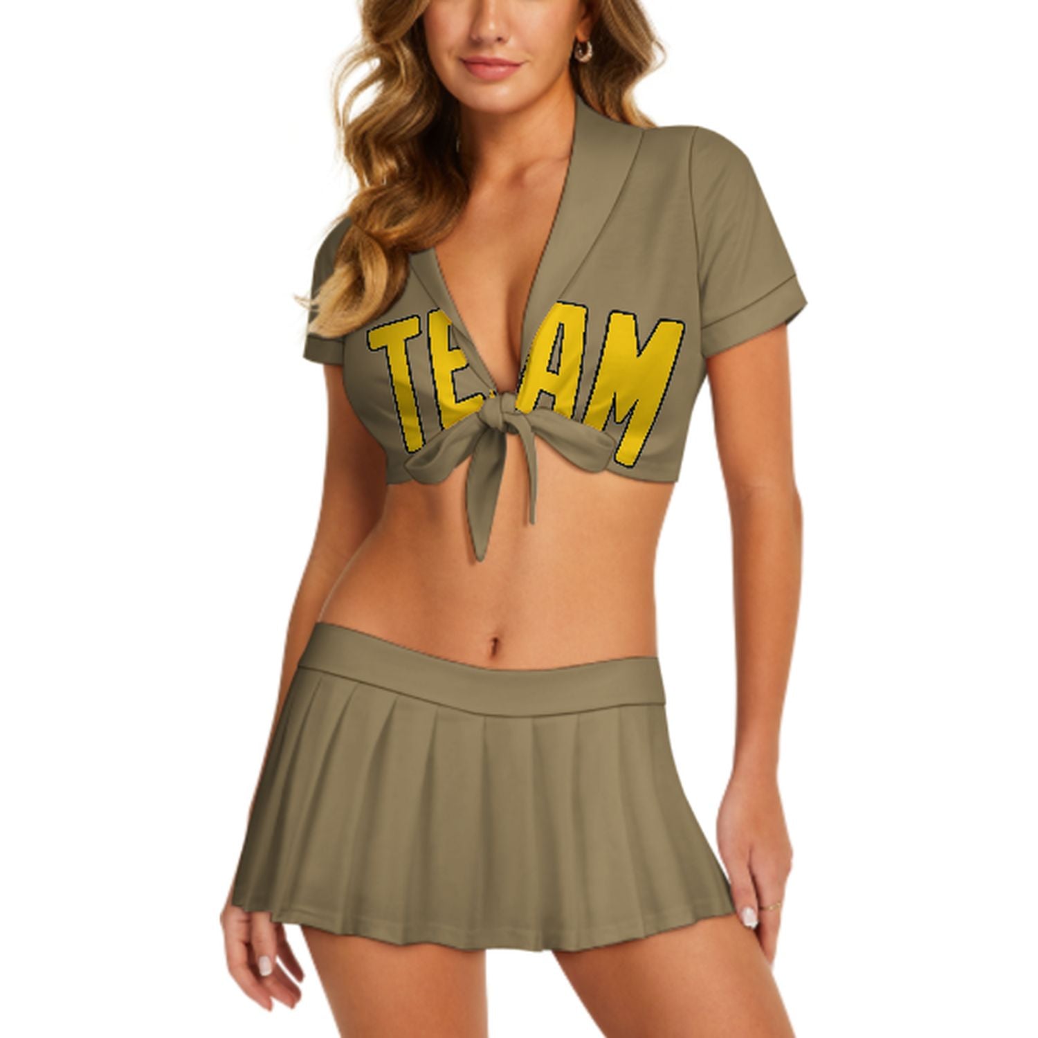 Maßgeschneidertes Hellkhaki Gold Cheerleader Outfit Set
