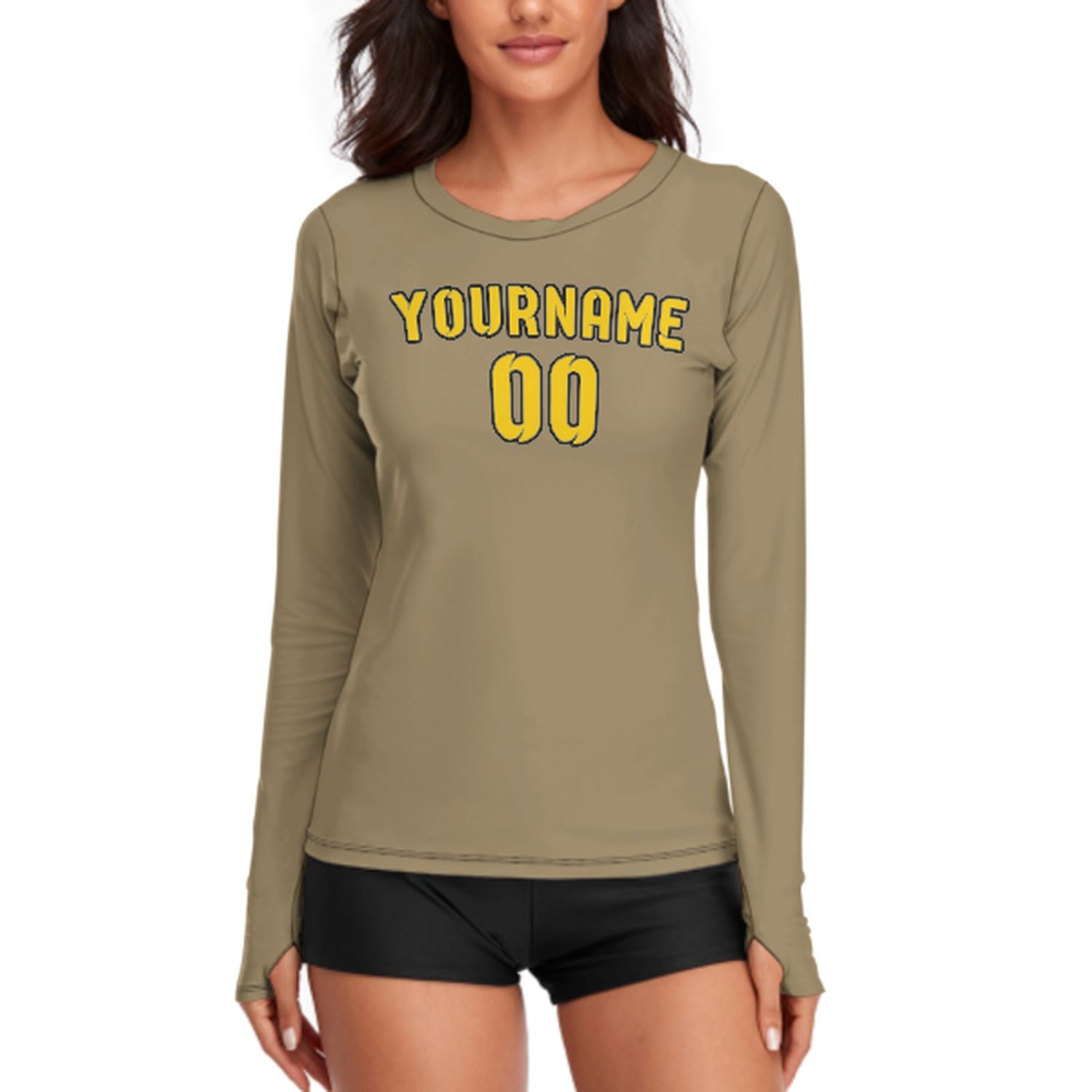 Camicia da donna a maniche lunghe color kaki chiaro e oro su misura