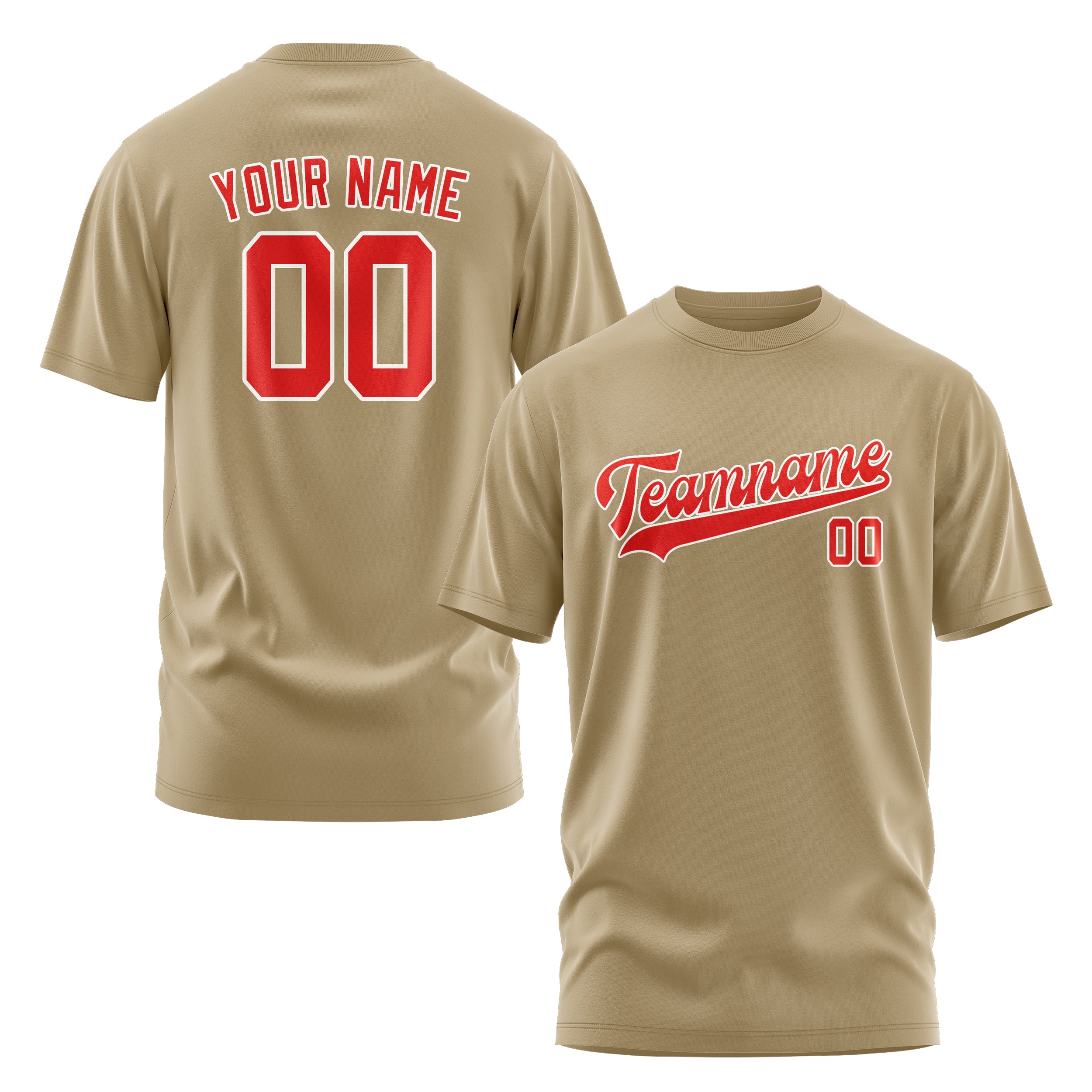 Maßgeschneidertes Hellkhaki Orangerot T-Shirt