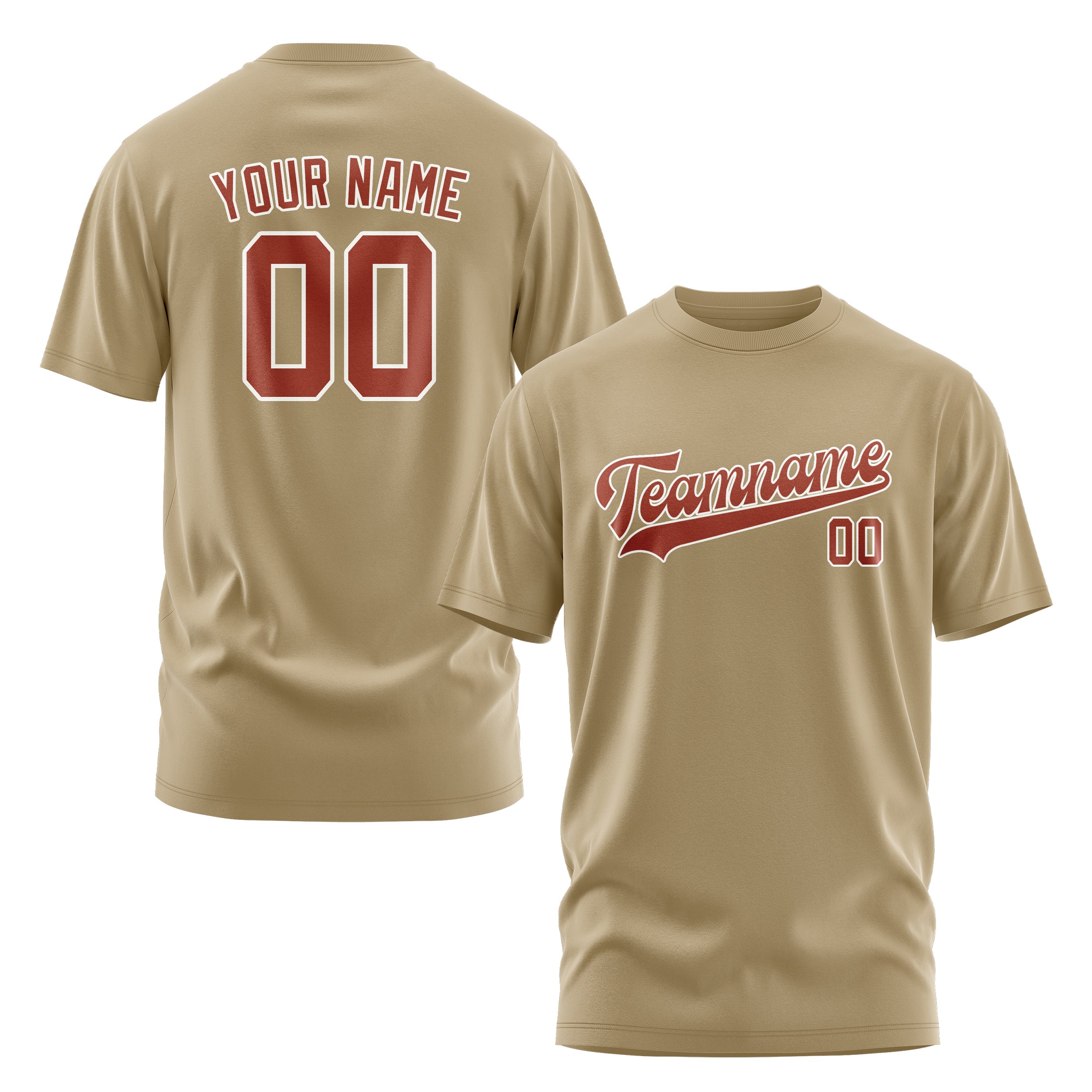 Maßgeschneidertes Hellkhaki Korallenrot T-Shirt