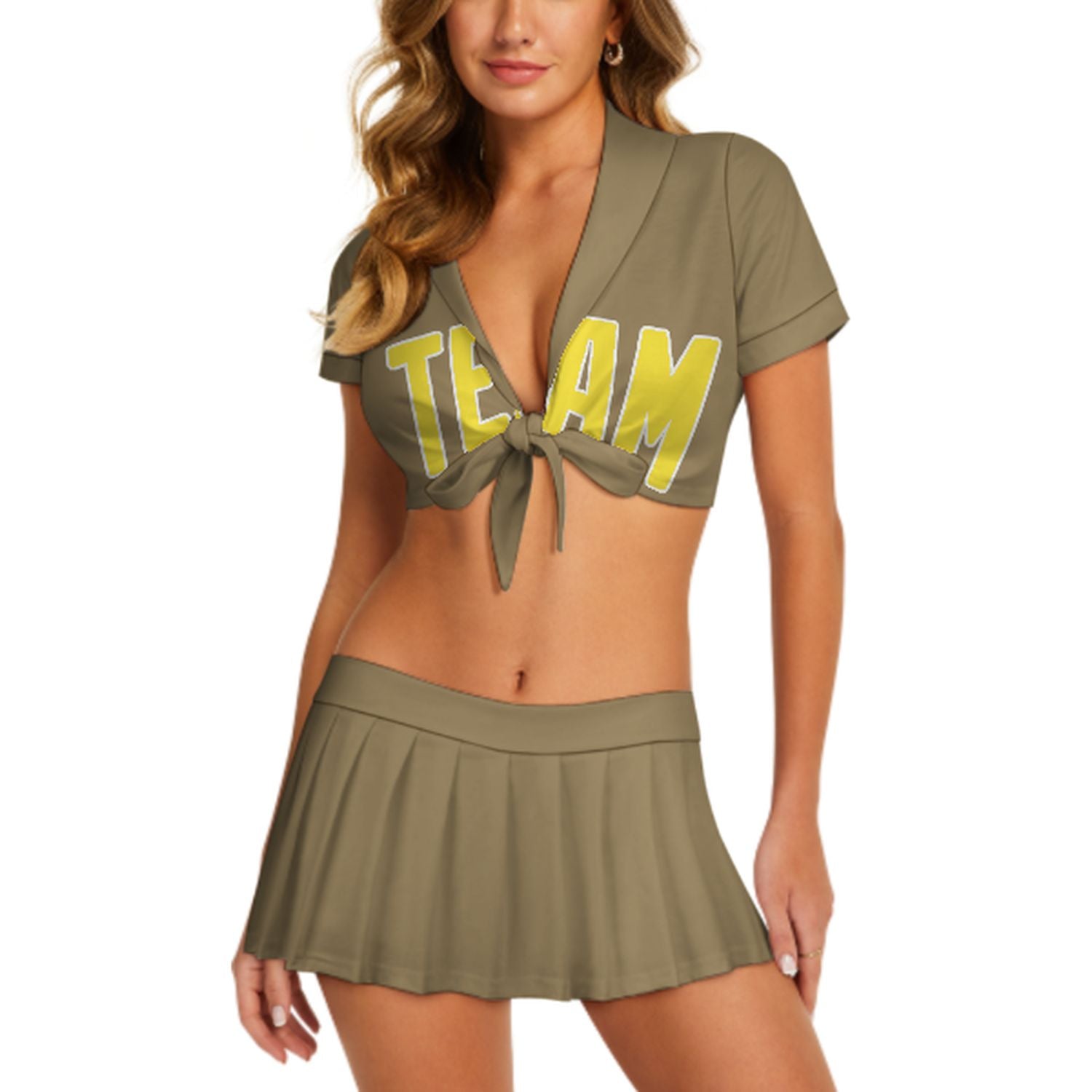 Maßgeschneidertes Hellkhaki Blassgelb Cheerleader Outfit Set