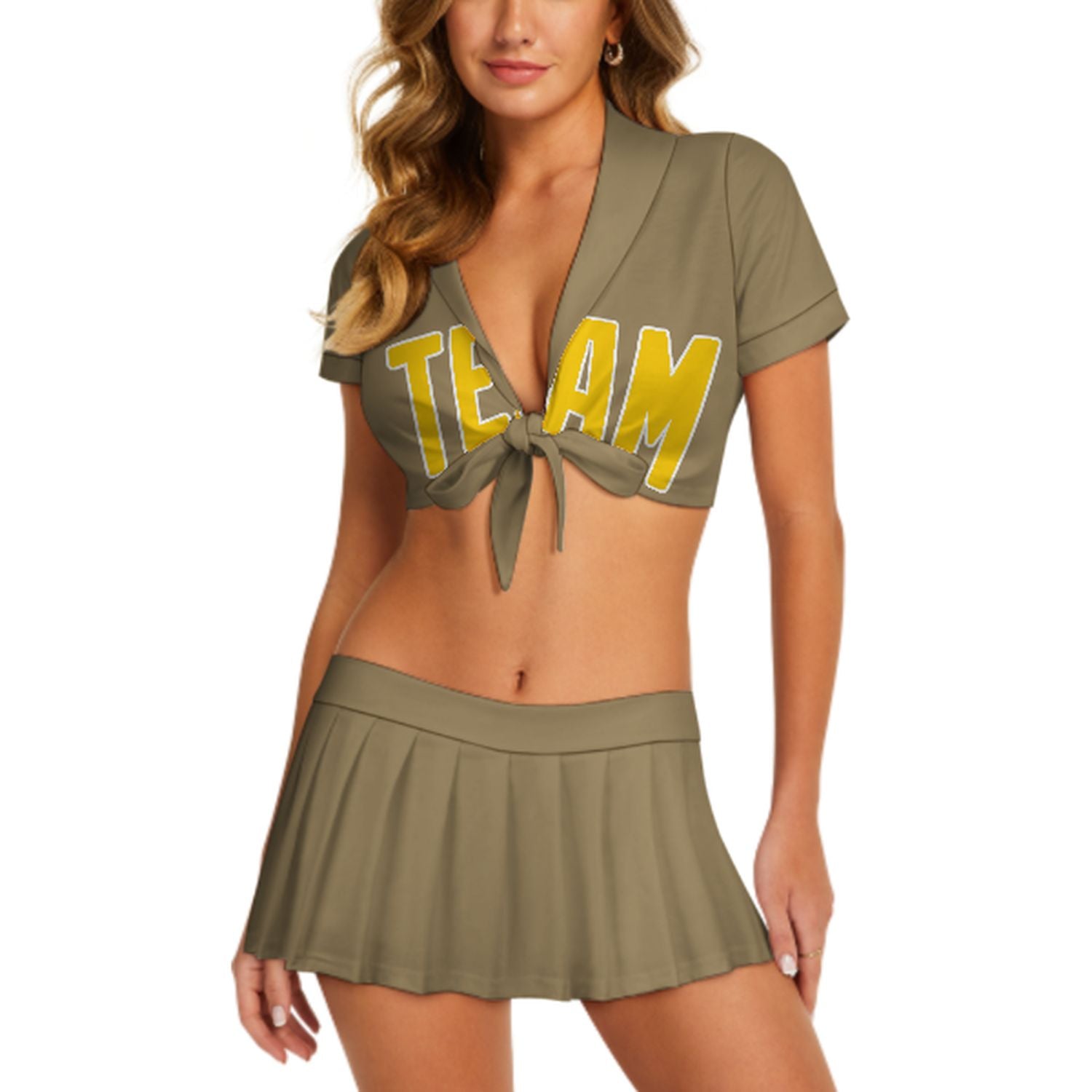 Maßgeschneidertes Hellkhaki Gold Cheerleader Outfit Set