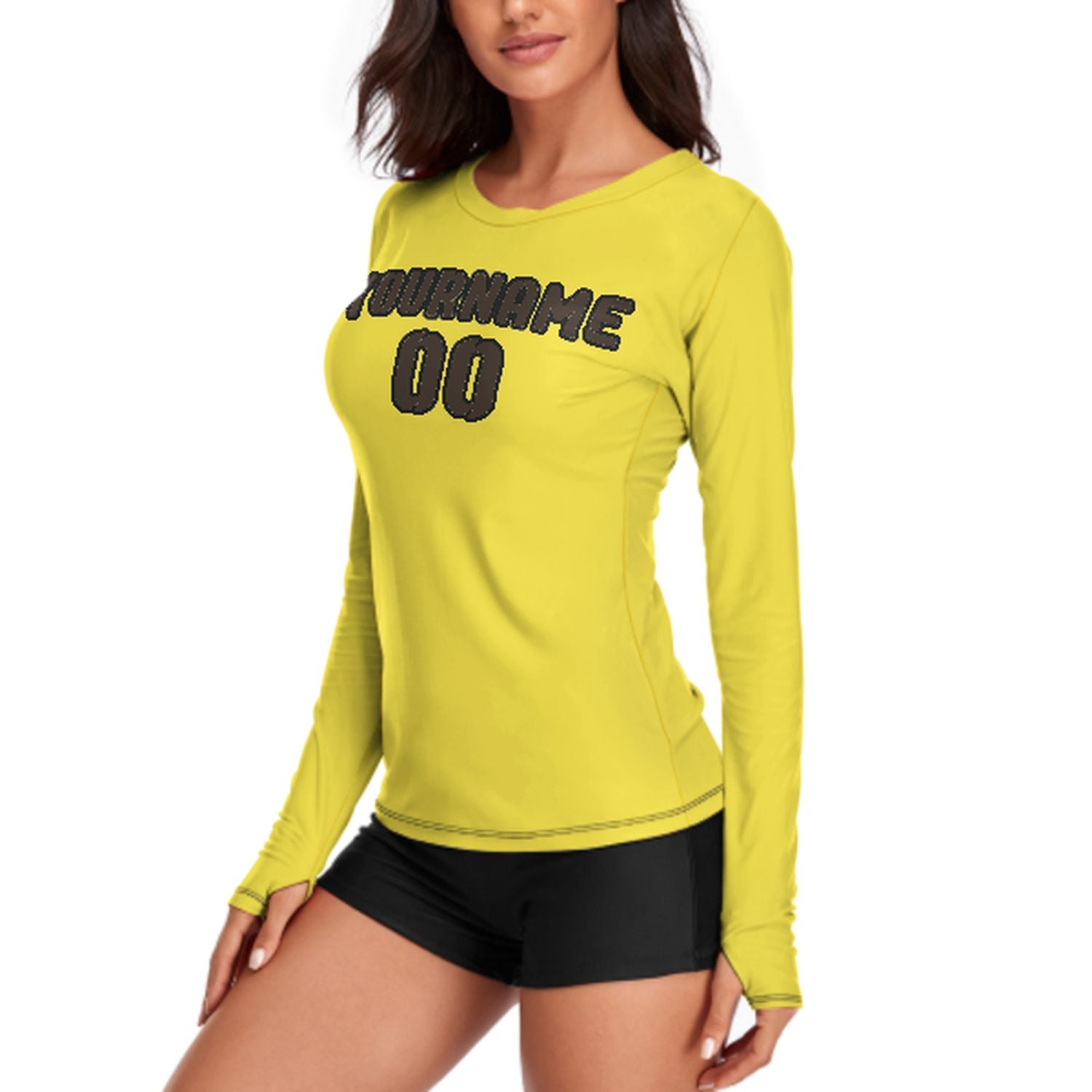 Camicia da donna a maniche lunghe su misura, colore giallo pallido e marrone