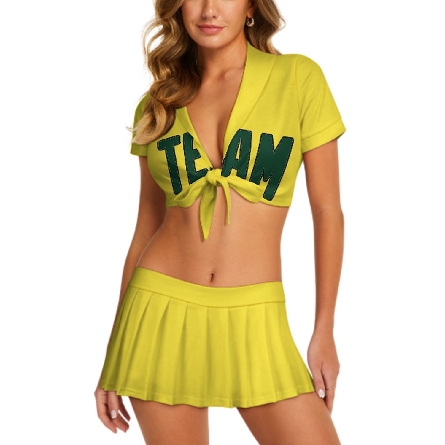 Maßgeschneidertes Blassgelb Moosgrün Cheerleader Outfit Set