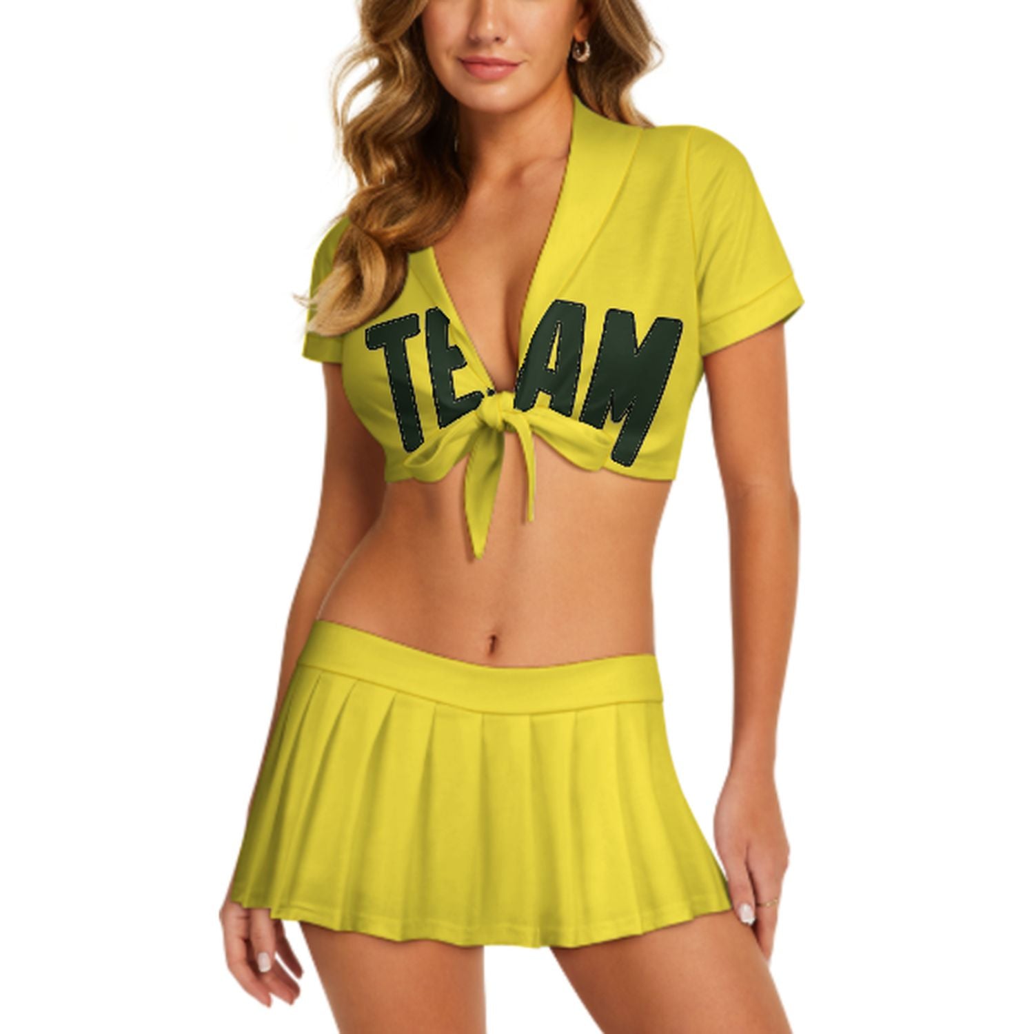 Maßgeschneidertes Blassgelb Tannengrün Cheerleader Outfit Set