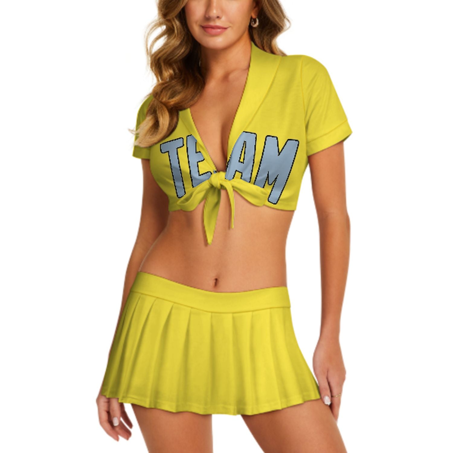 Maßgeschneidertes Blassgelb Hellblau Cheerleader Outfit Set
