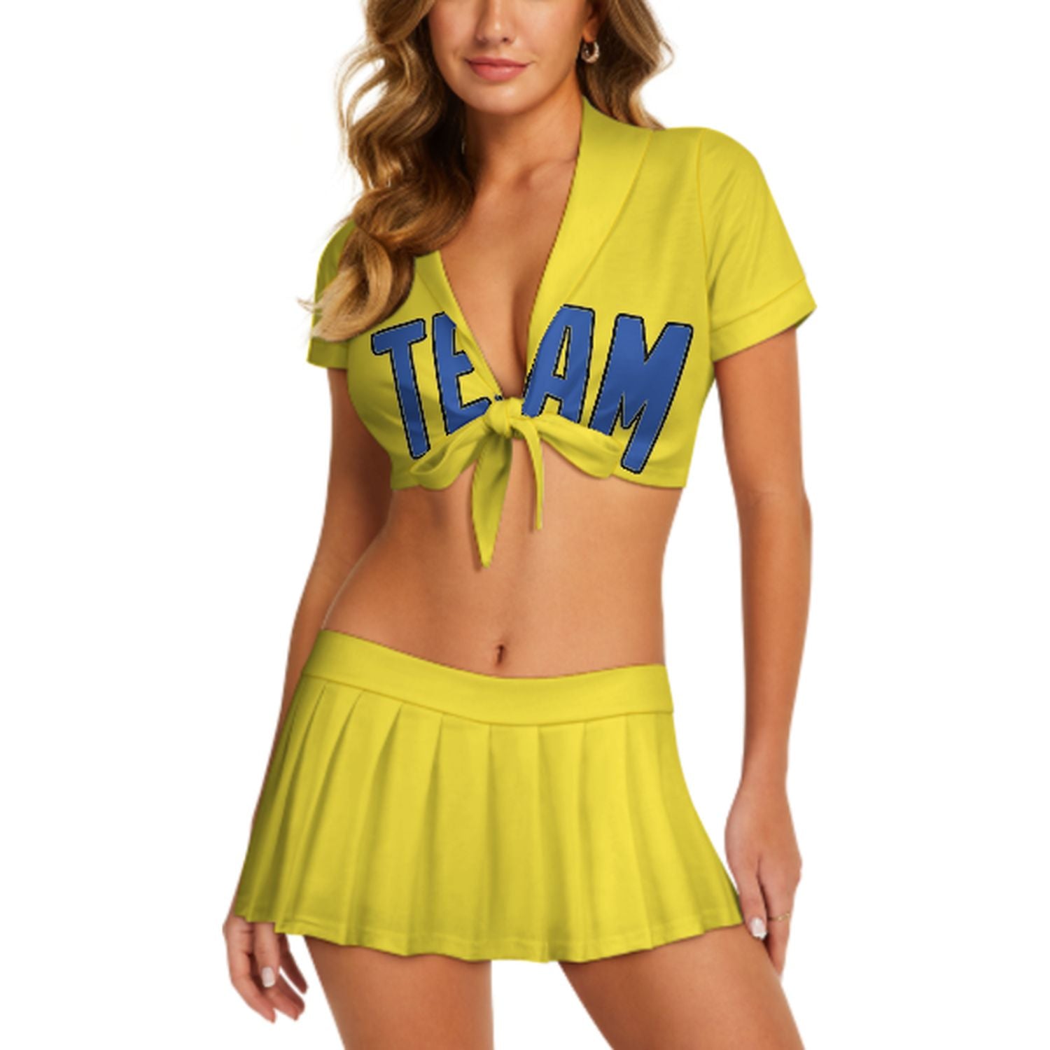 Maßgeschneidertes Blassgelb Himmelblau Cheerleader Outfit Set