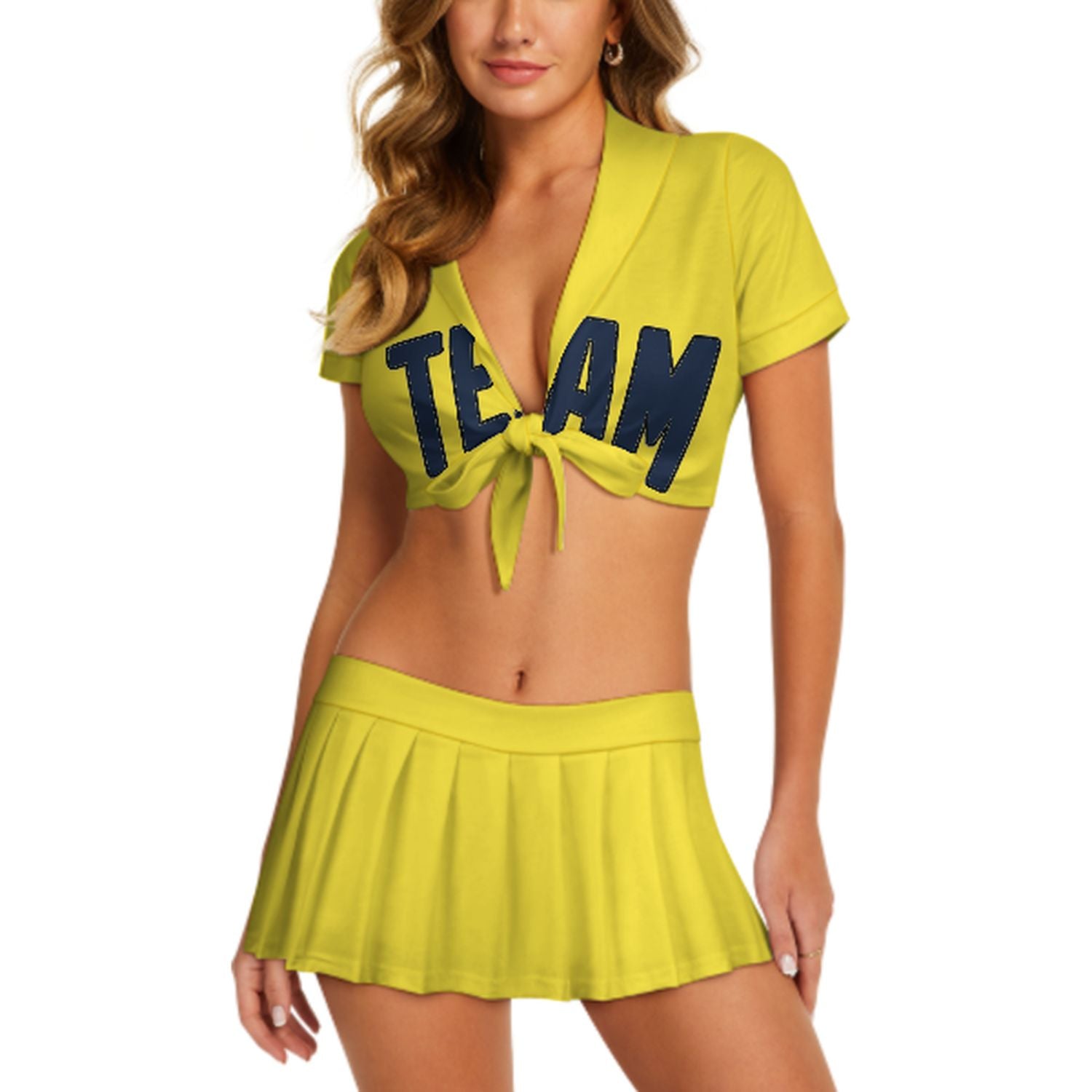 Maßgeschneidertes Blassgelb Marineblau Cheerleader Outfit Set