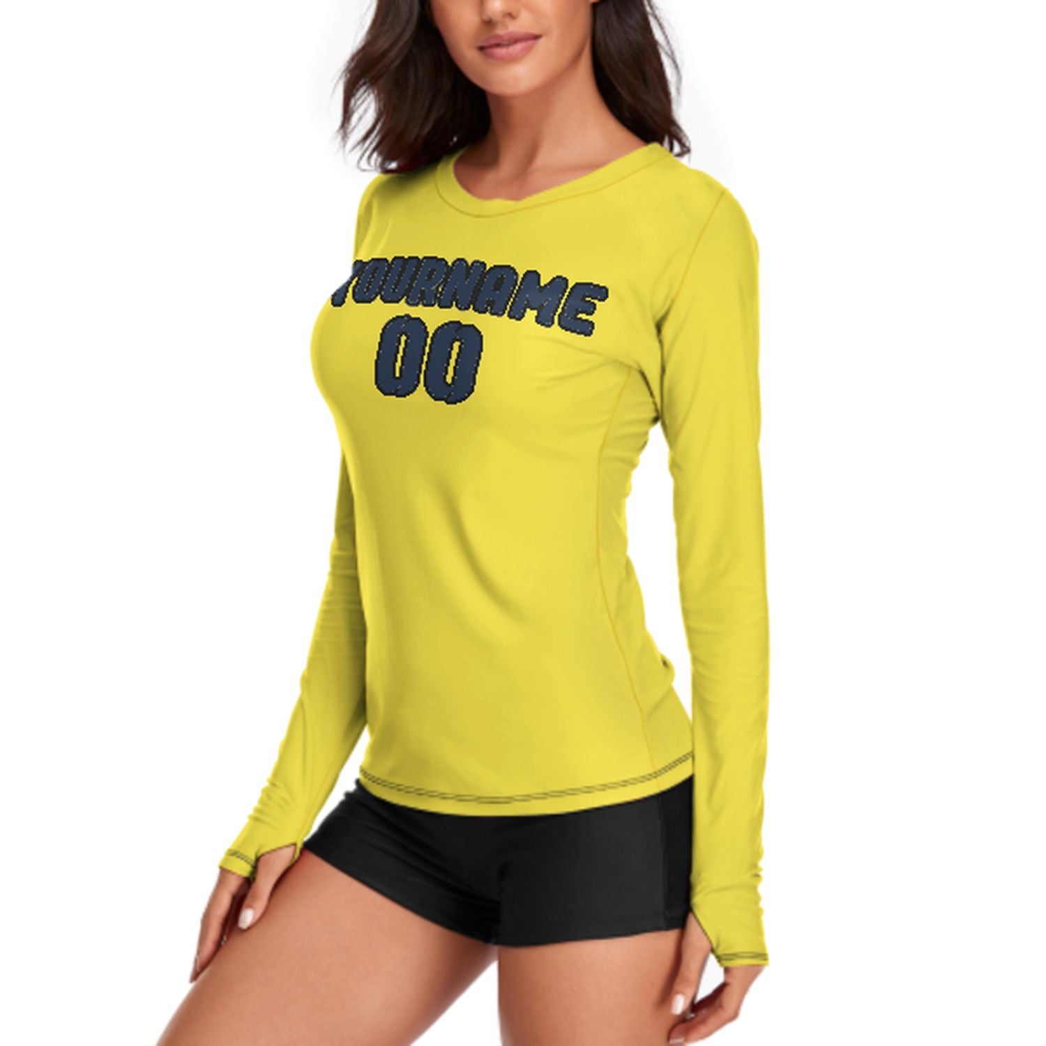 Camicia da donna a maniche lunghe su misura, colore giallo pallido e blu navy