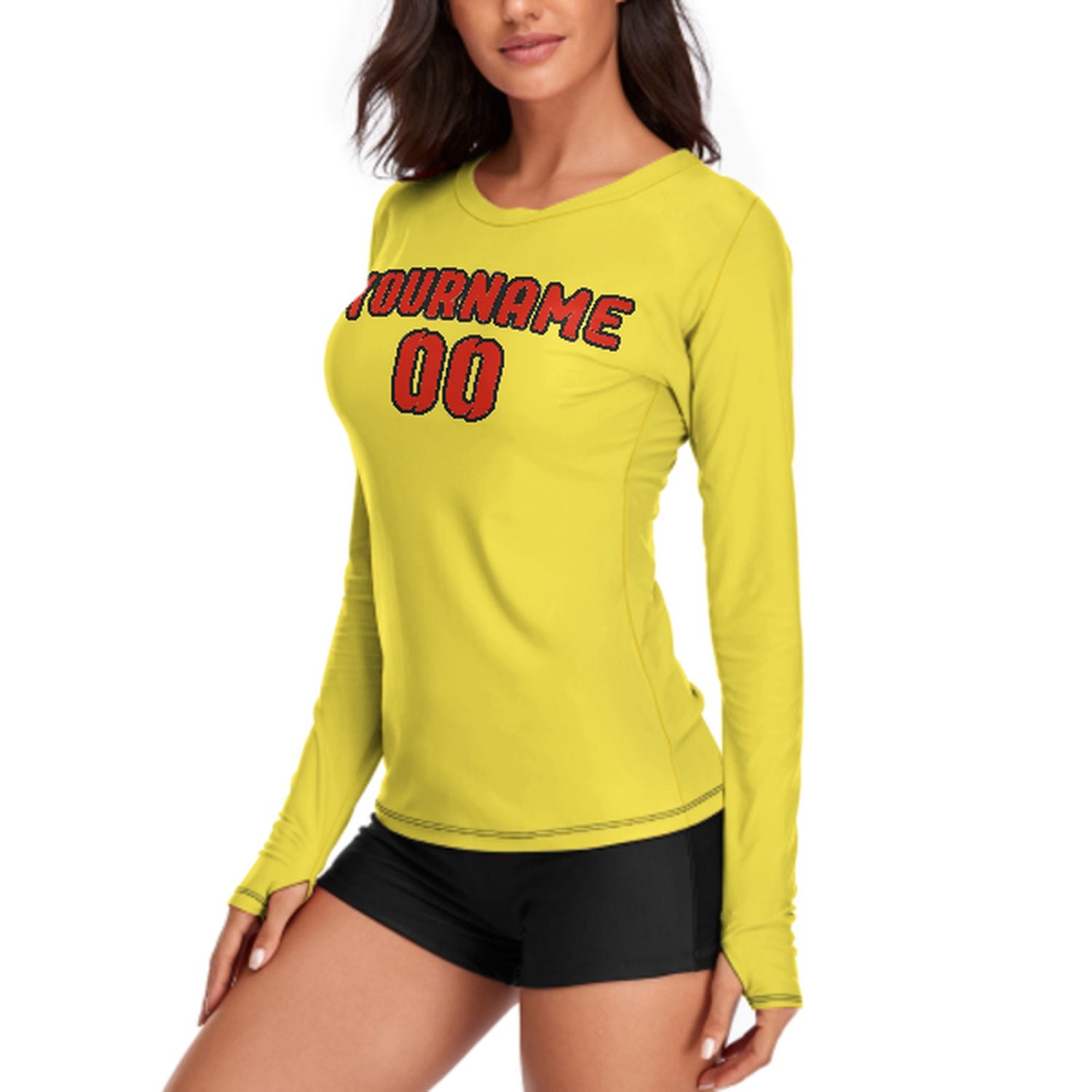 Camicia da donna a maniche lunghe su misura, colore giallo pallido, arancione e rosso