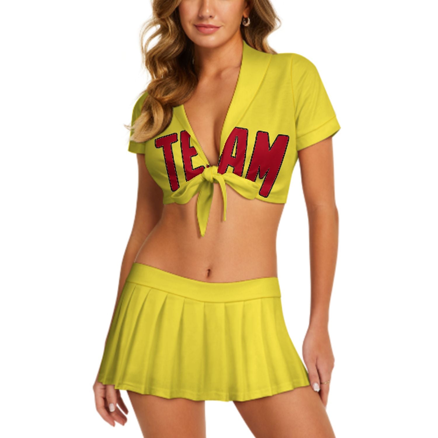 Maßgeschneidertes Blassgelb Rot Cheerleader Outfit Set
