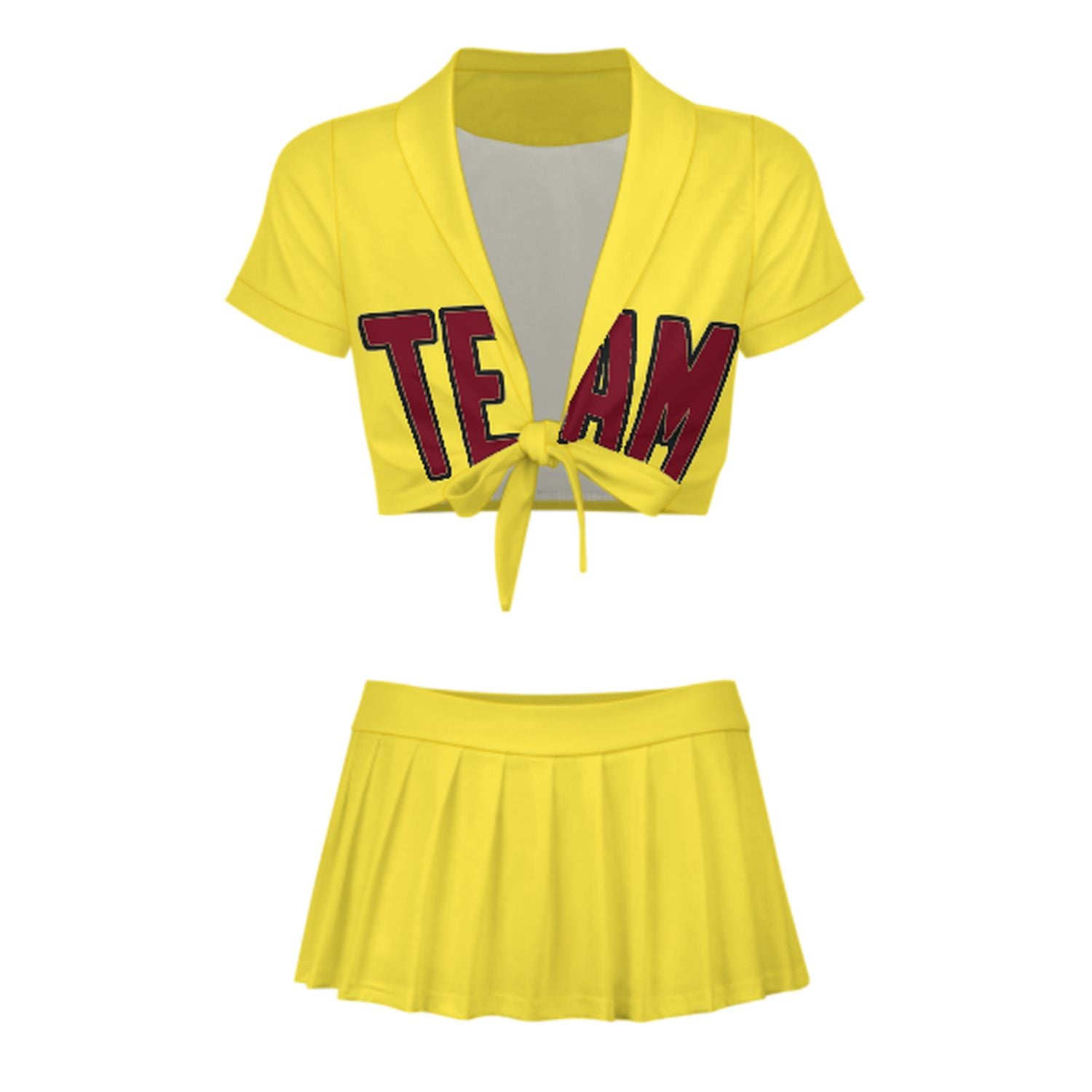 Maßgeschneidertes Blassgelb Karmesinrot Cheerleader Outfit Set