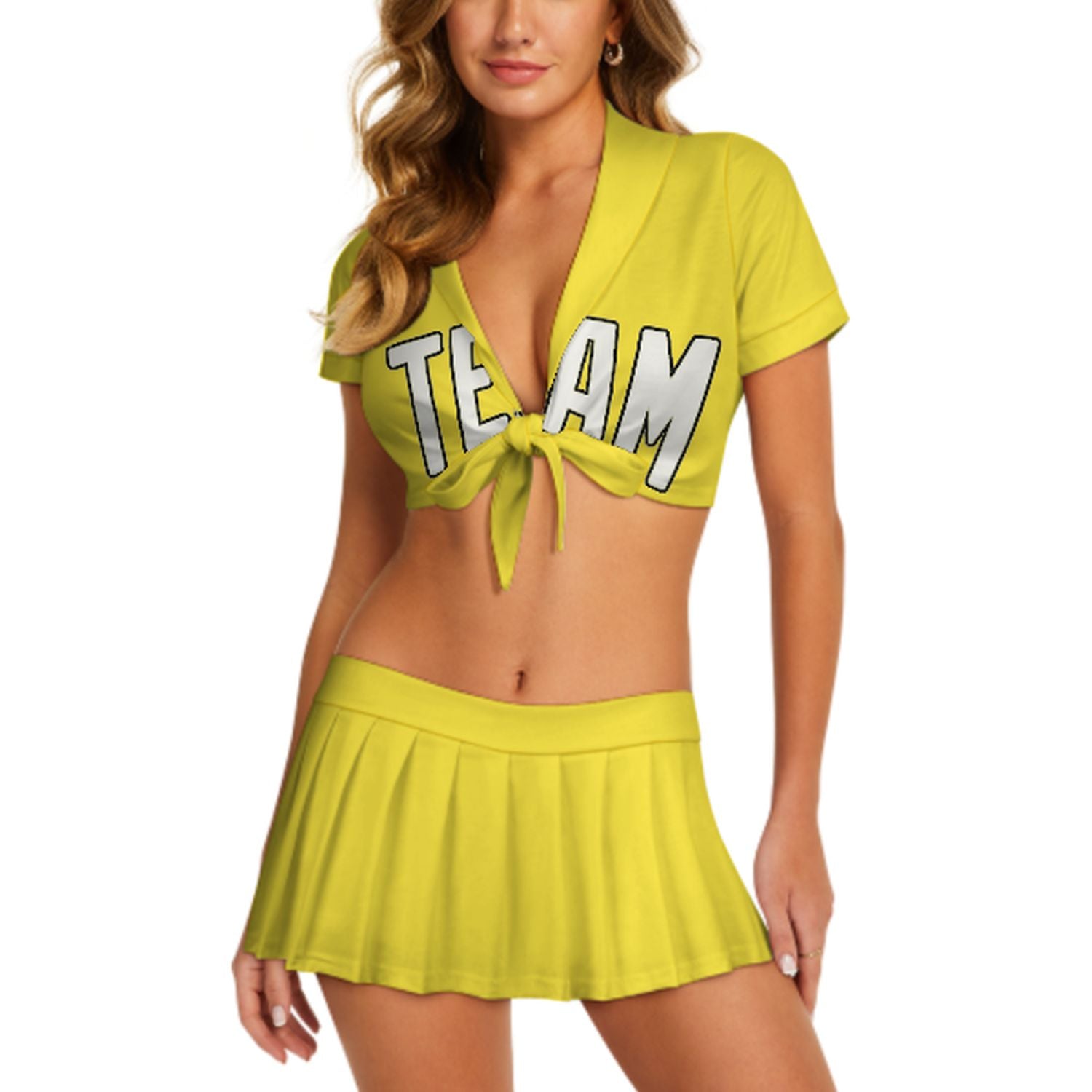 Maßgeschneidertes Blassgelb Weiß Cheerleader Outfit Set