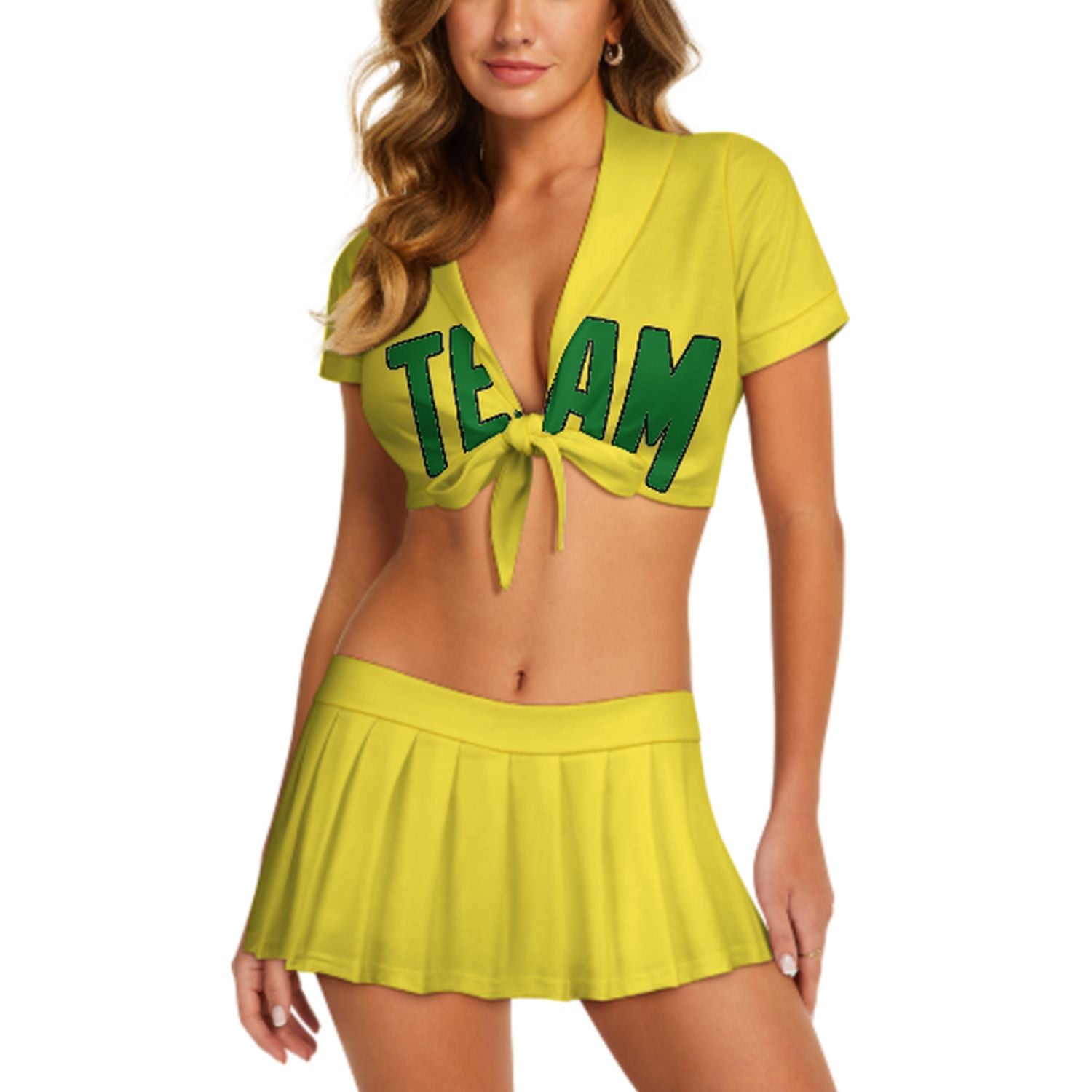Maßgeschneidertes Blassgelb Smaragdgrün Cheerleader Outfit Set