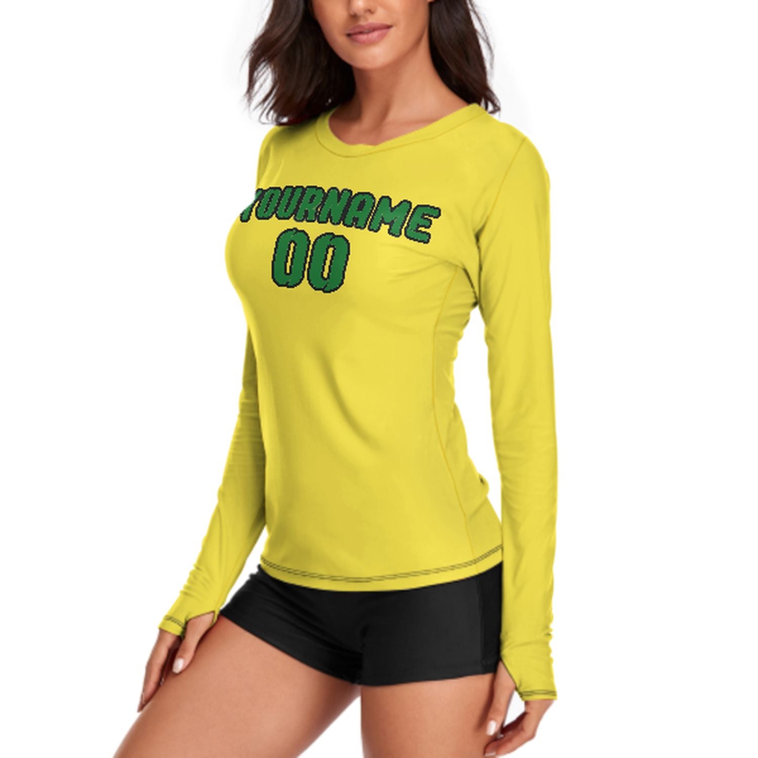 Maßgeschneidertes Blassgelb Smaragdgrün Damen Langarmshirt