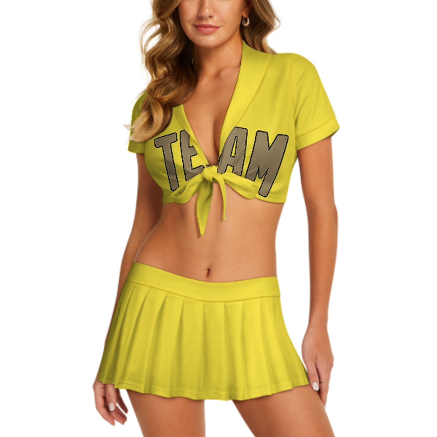 Maßgeschneidertes Blassgelb Hellkhaki Cheerleader Outfit Set