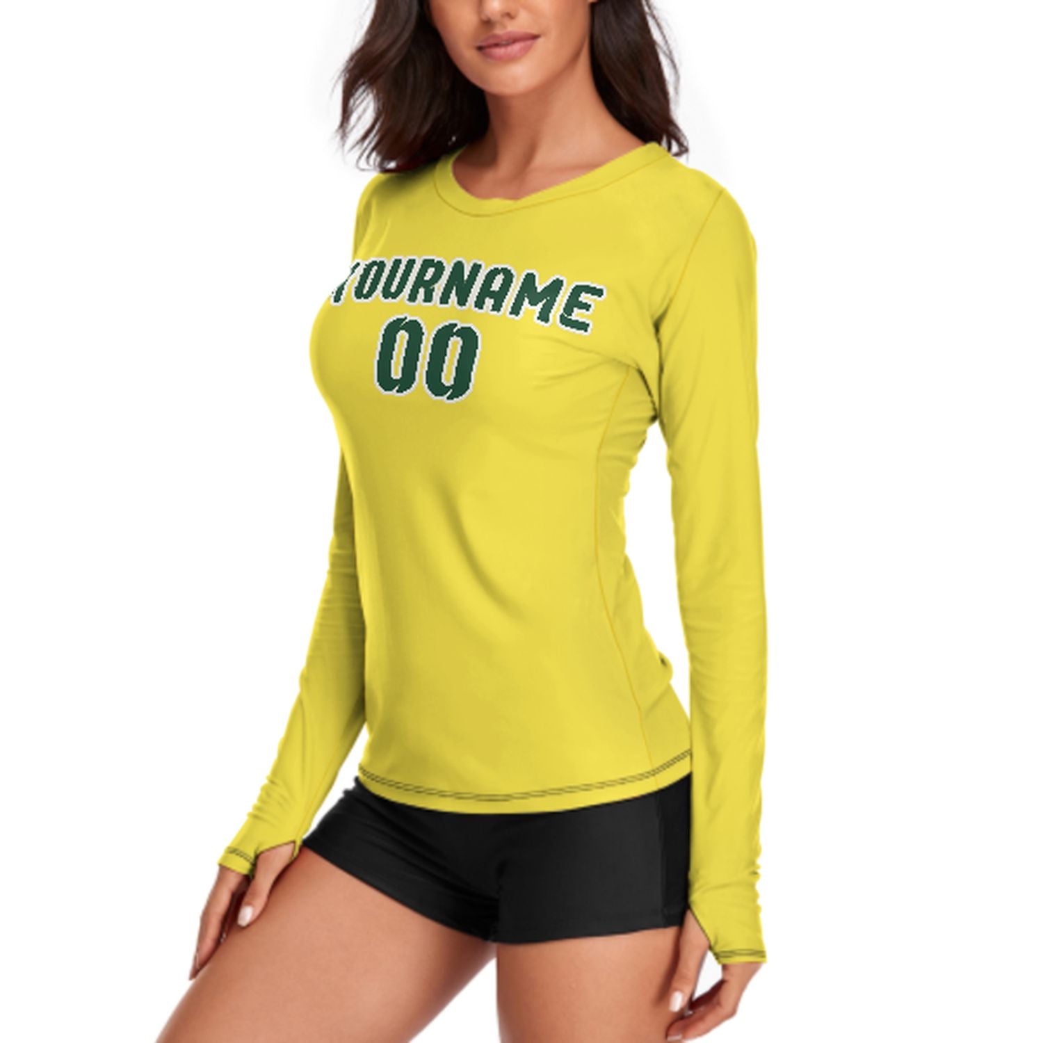 Maßgeschneidertes Blassgelb Moosgrün Damen Langarmshirt