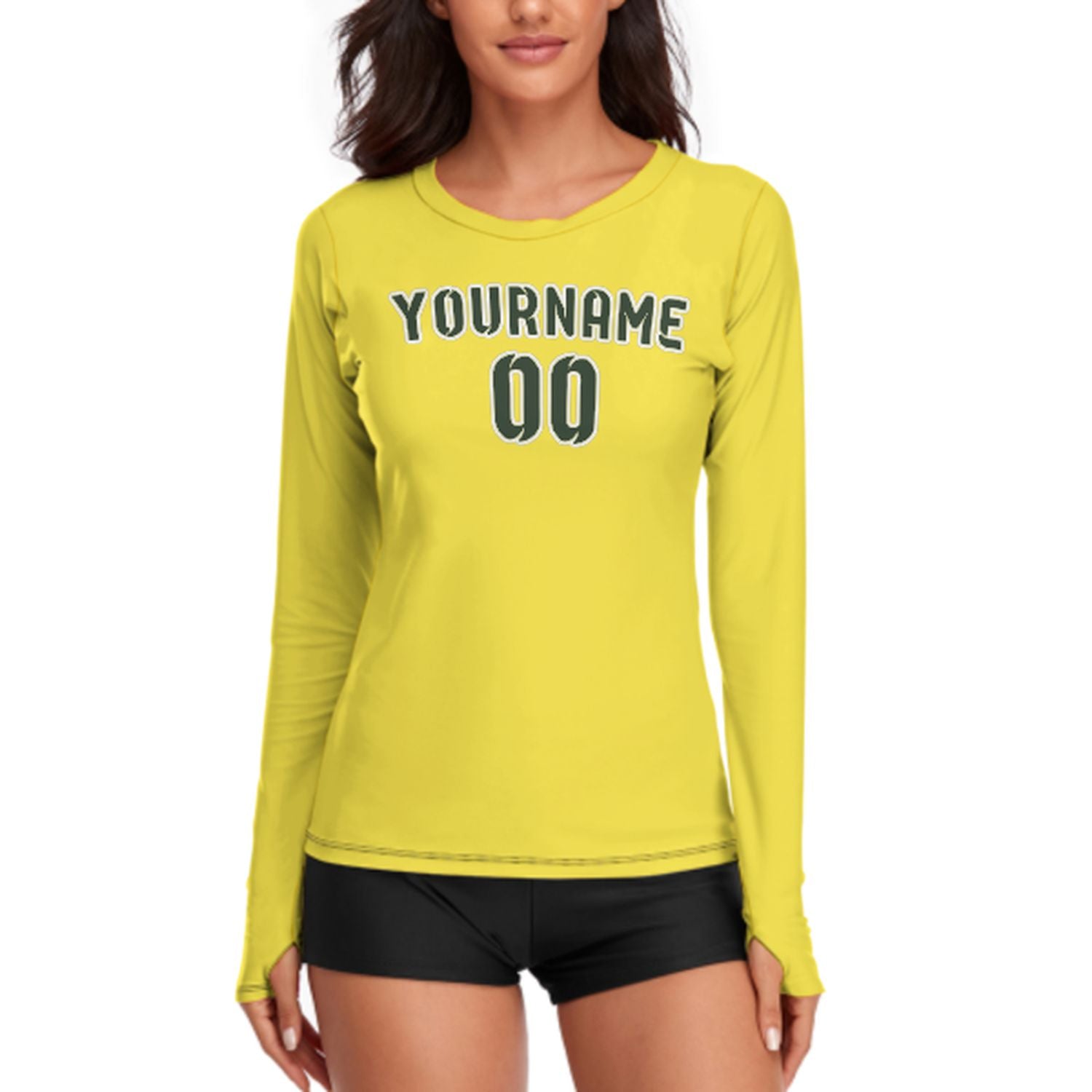 Maßgeschneidertes Blassgelb Tannengrün Damen Langarmshirt