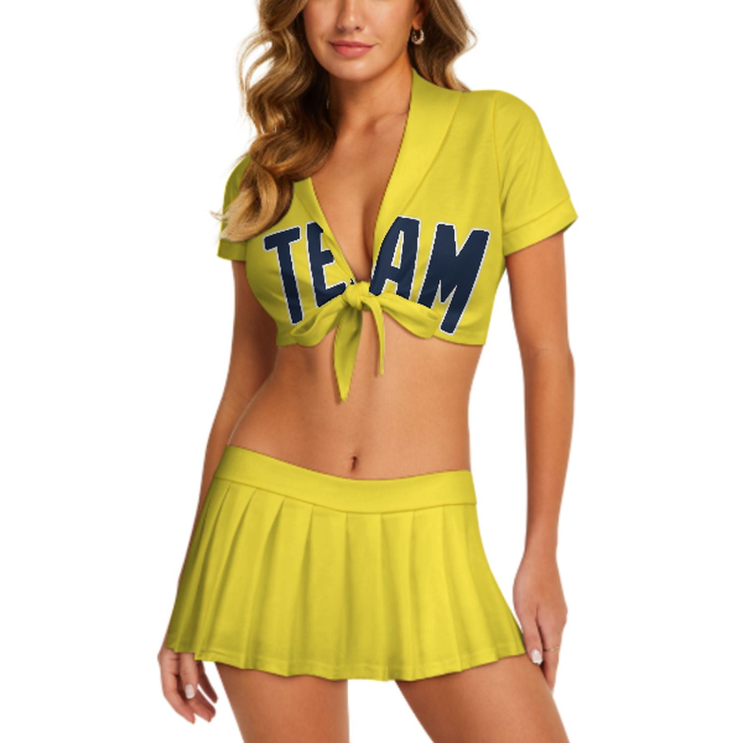 Maßgeschneidertes Blassgelb Marineblau Cheerleader Outfit Set