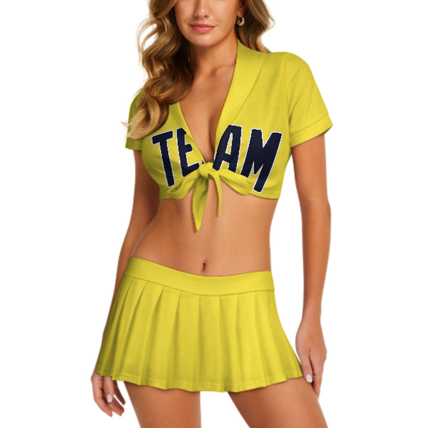 Maßgeschneidertes Blassgelb Stahlblau Cheerleader Outfit Set