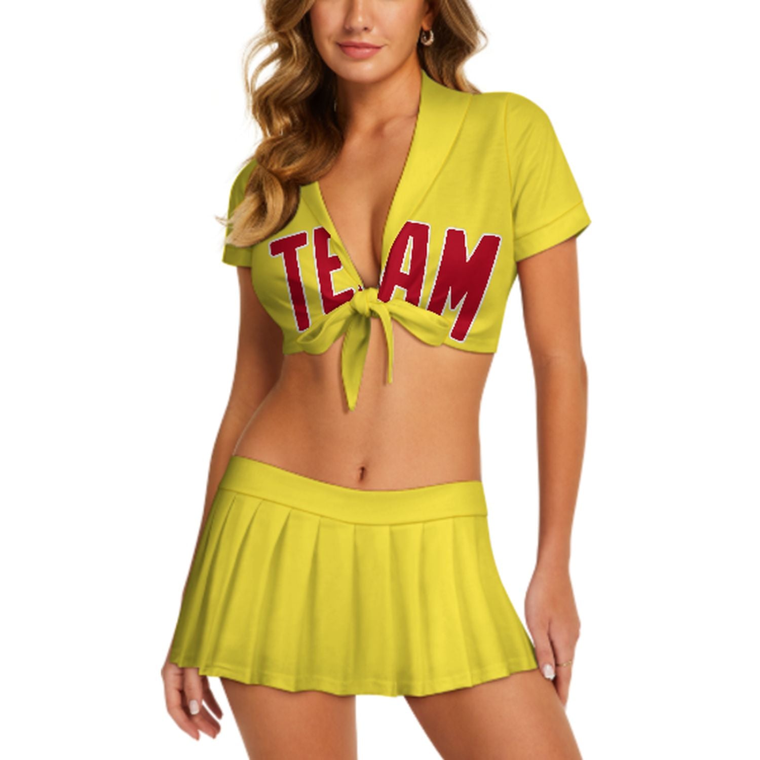 Maßgeschneidertes Blassgelb Rot Cheerleader Outfit Set