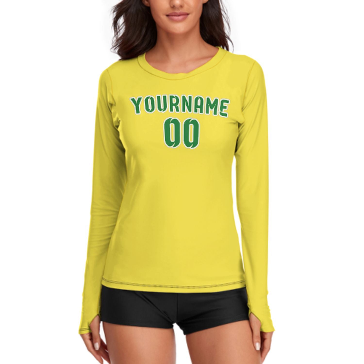 Maßgeschneidertes Blassgelb Smaragdgrün Damen Langarmshirt