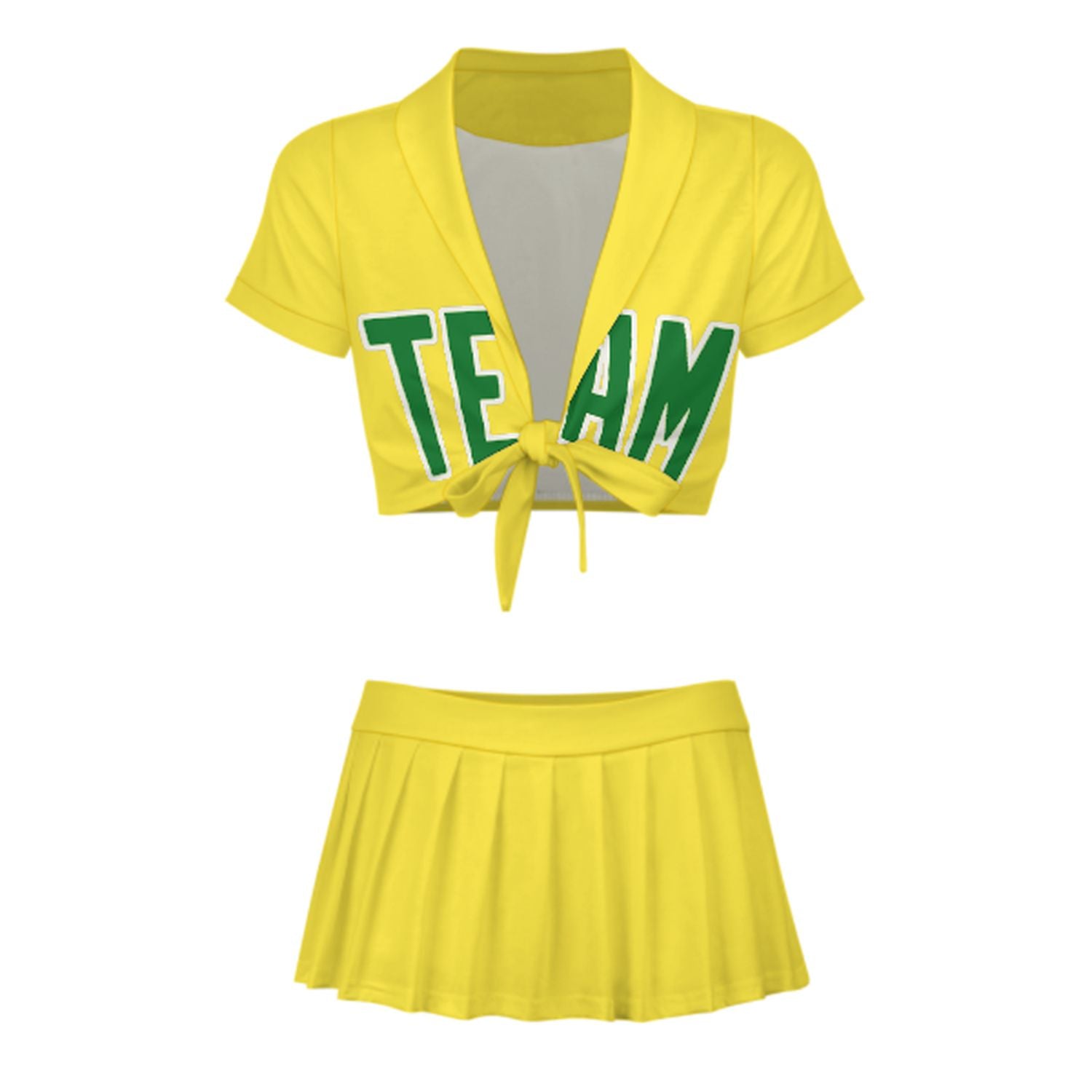 Maßgeschneidertes Blassgelb Smaragdgrün Cheerleader Outfit Set