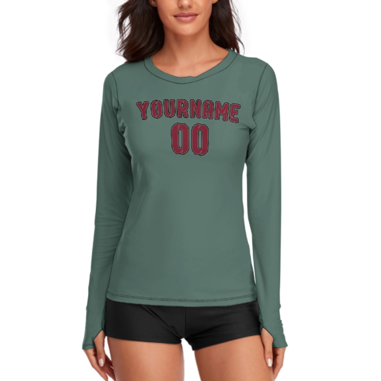 Maßgeschneidertes Blaugrün Karmesinrot Damen Langarmshirt