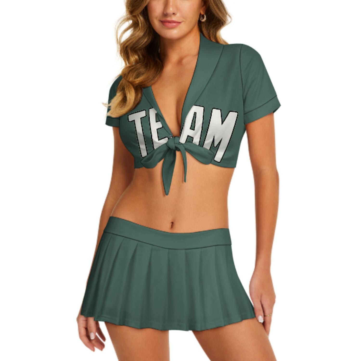 Maßgeschneidertes Blaugrün Weiß Cheerleader Outfit Set