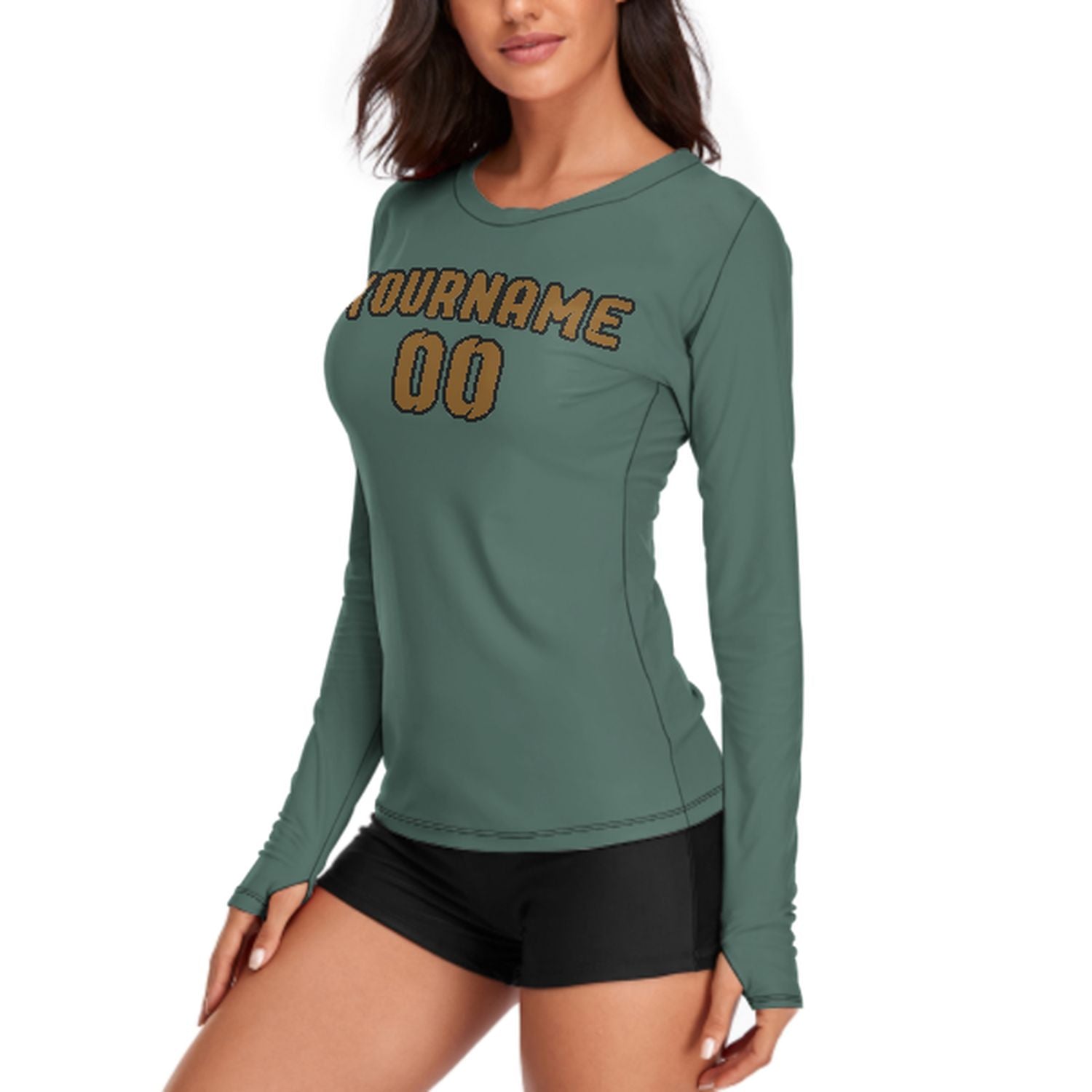 Maßgeschneidertes Blaugrün Khaki Damen Langarmshirt