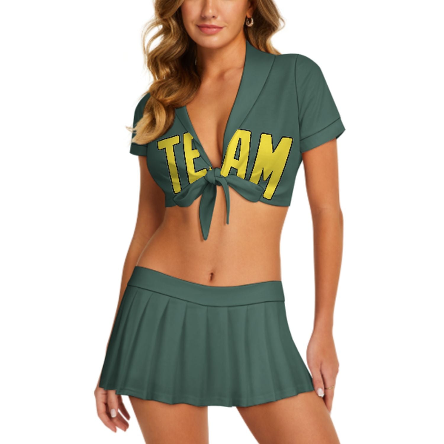 Maßgeschneidertes Blaugrün Blassgelb Cheerleader Outfit Set