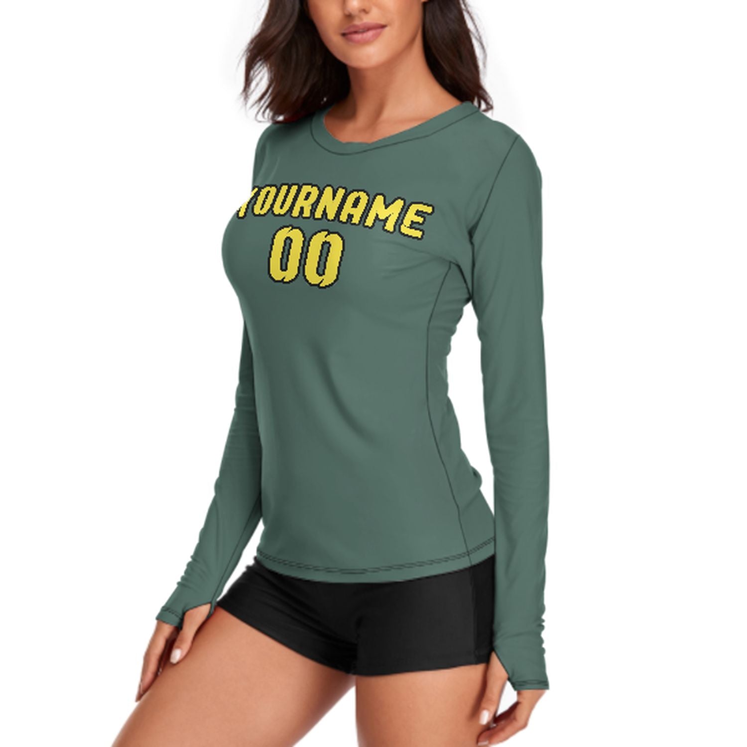 Maßgeschneidertes Blaugrün Blassgelb Damen Langarmshirt