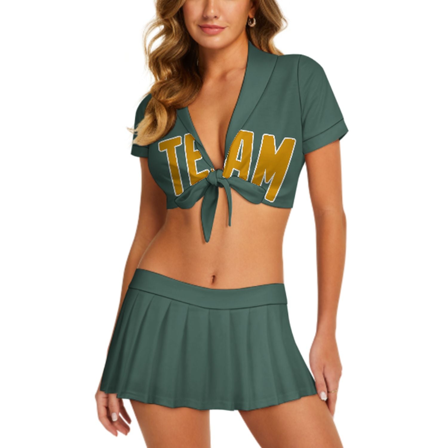 Maßgeschneidertes Blaugrün Gelb Cheerleader Outfit Set