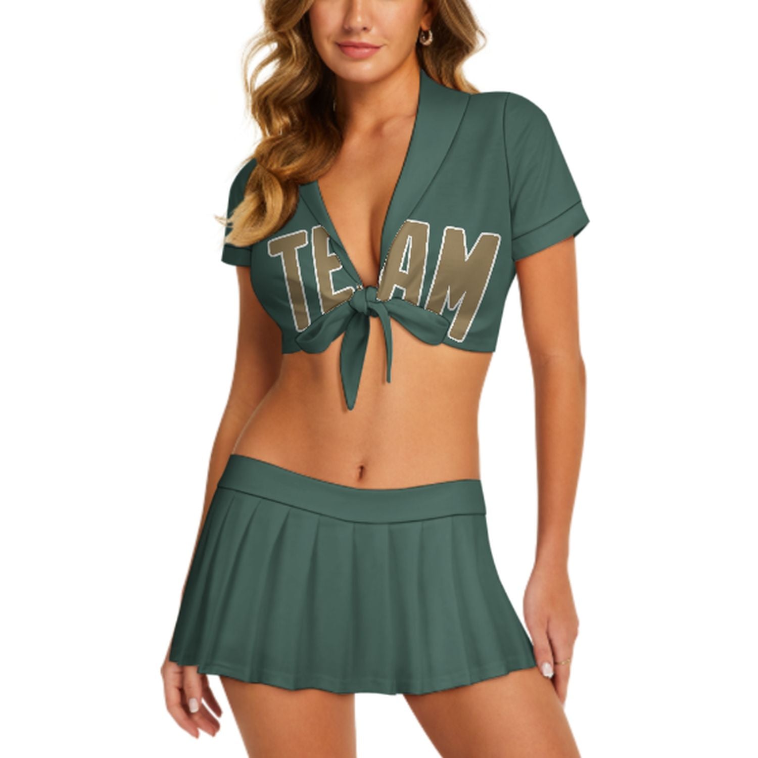 Maßgeschneidertes Blaugrün Hellkhaki Cheerleader Outfit Set