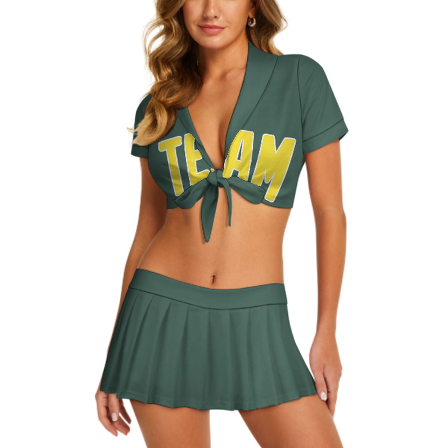 Maßgeschneidertes Blaugrün Blassgelb Cheerleader Outfit Set