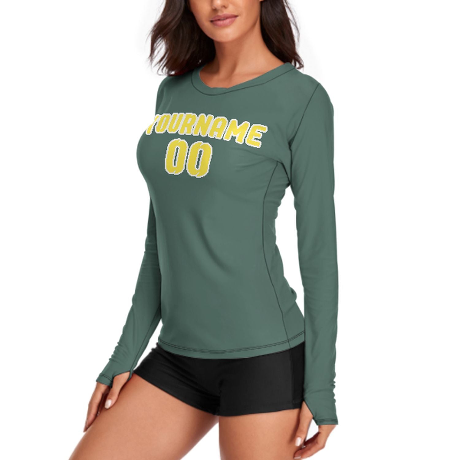 Maßgeschneidertes Blaugrün Blassgelb Damen Langarmshirt