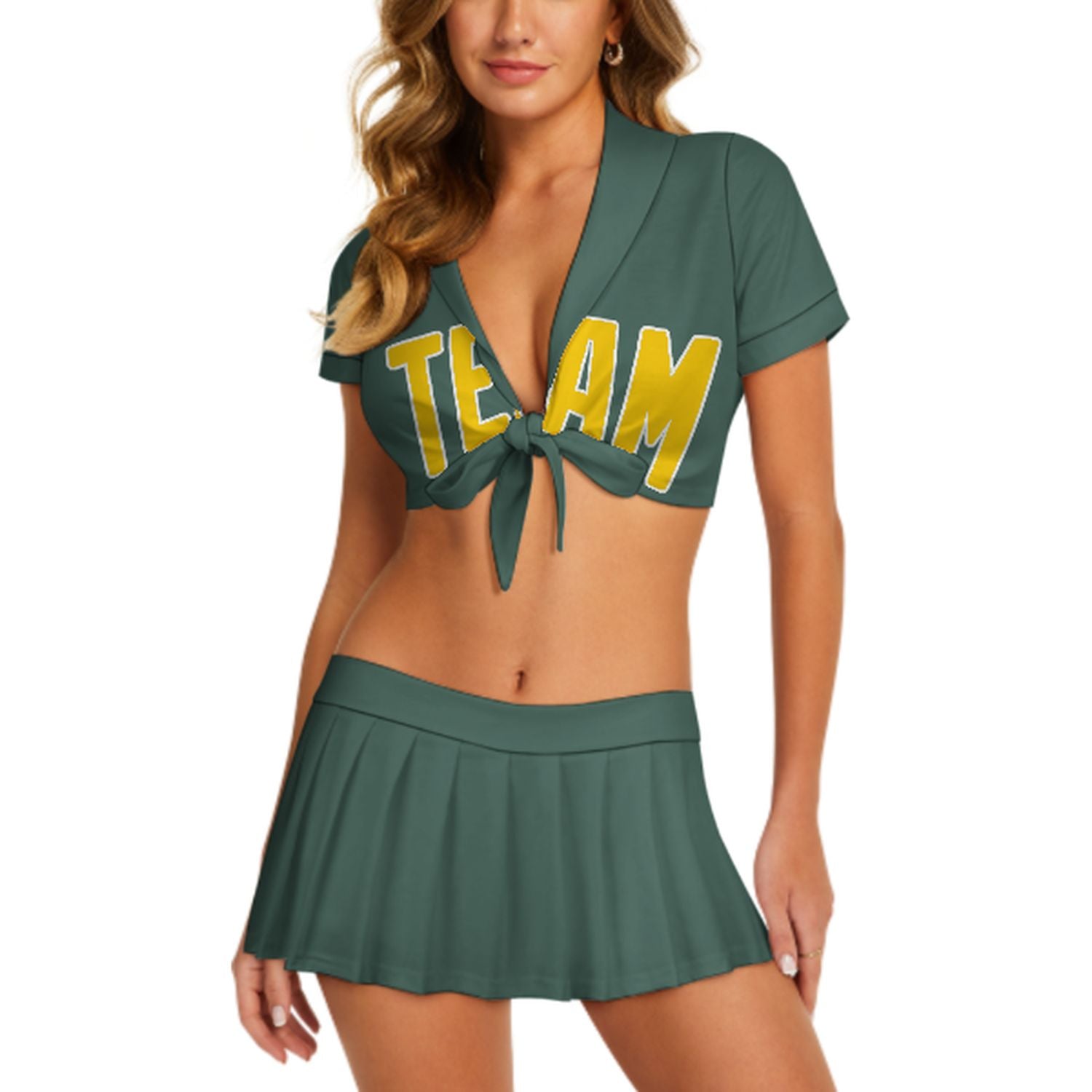 Maßgeschneidertes Blaugrün Gold Cheerleader Outfit Set