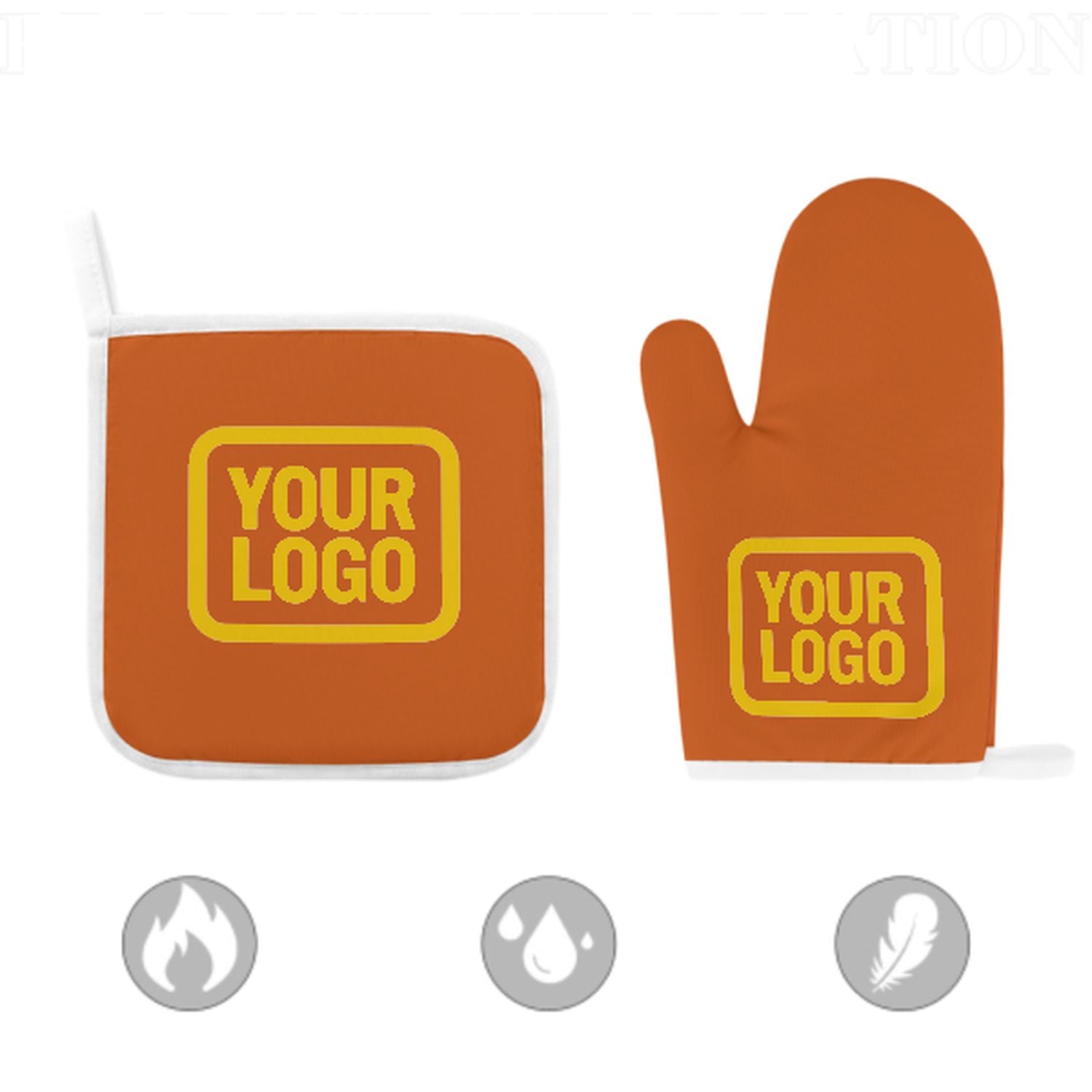 Maßgeschneidertes Orange  Gold Topfhandschuh Set – 2-teilig