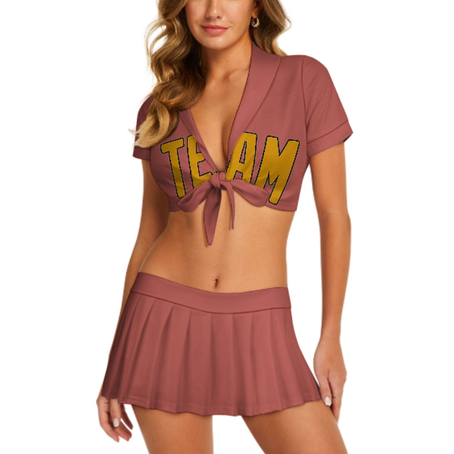 Maßgeschneidertes Kupferrose Gelb Cheerleader Outfit Set