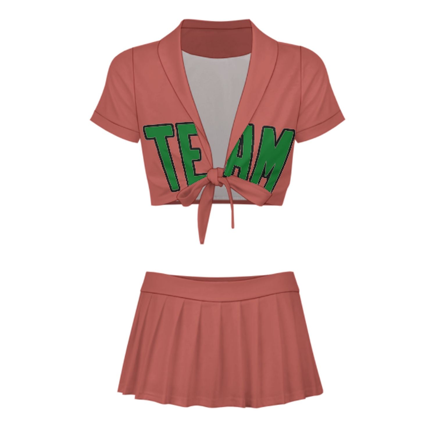 Maßgeschneidertes Kupferrose Smaragdgrün Cheerleader Outfit Set