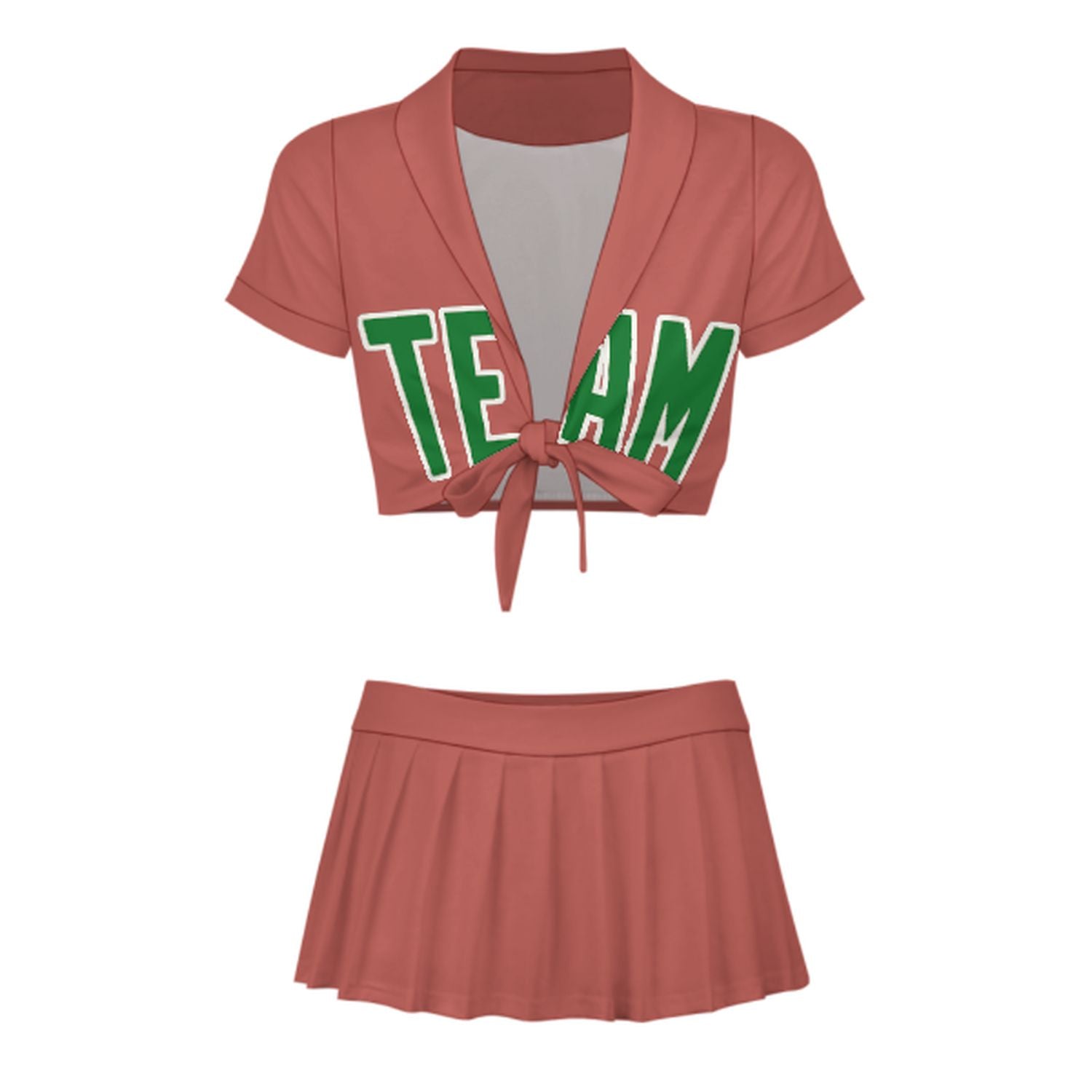 Maßgeschneidertes Kupferrose Smaragdgrün Cheerleader Outfit Set